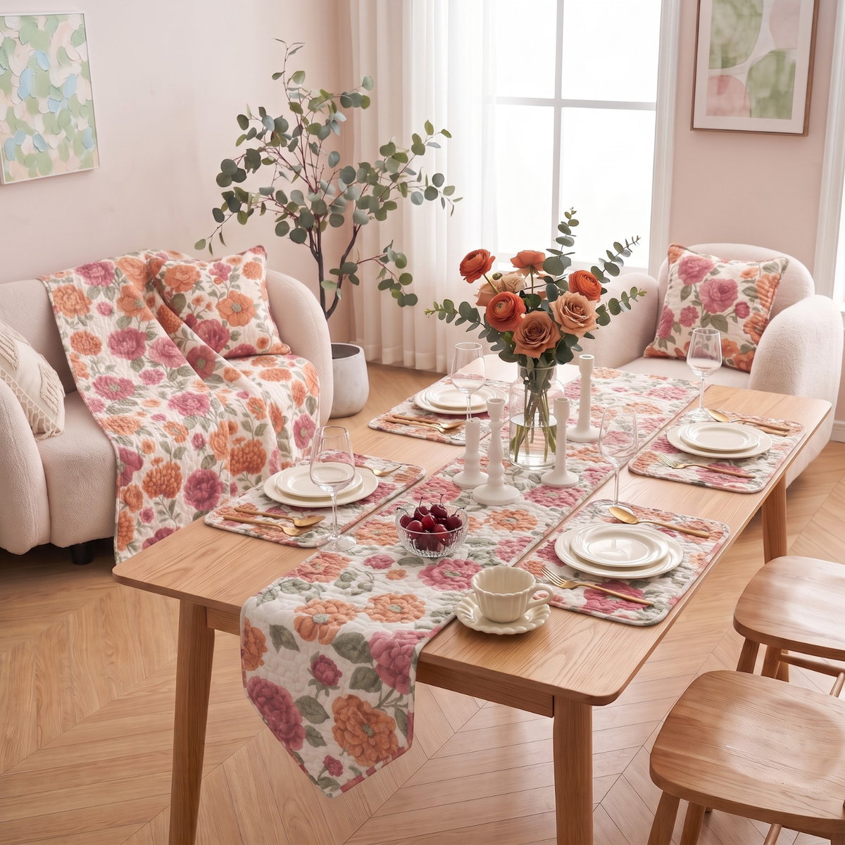 Vintage rose floral table linens and quilted throw blanket from the Terracotta Rose Garden collection
