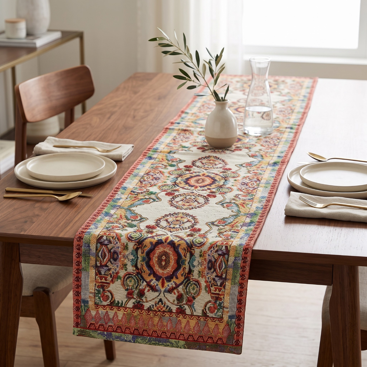 Woven ornate paisley tapestry table runner styled on a wood dining table with place settings and a glass water carafe