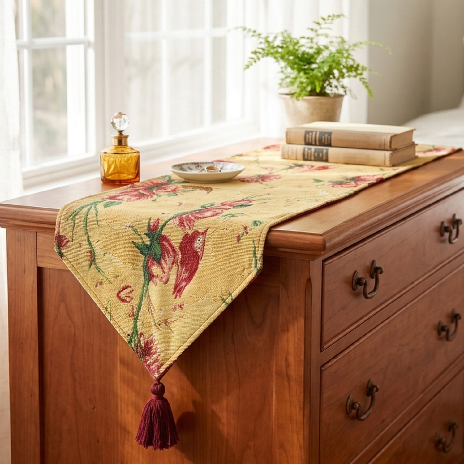 Tache golden woven tapestry table runner featuring red roses, hummingbirds, and a red tassel, displayed on a wooden dresser