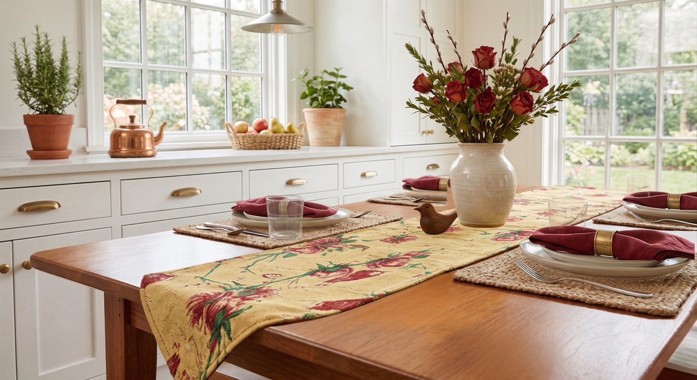 Tache golden woven tapestry table runner featuring red roses and birds, displayed on a set wooden dining table with red napkins and a floral centerpiece.