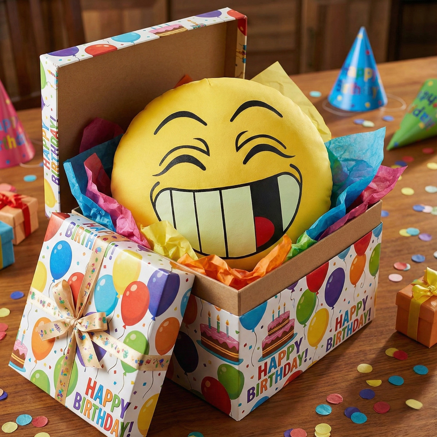 Yellow laughing emoji squishy microbead throw pillow inside an open Happy Birthday gift box on a wooden table with colorful confetti and party hats