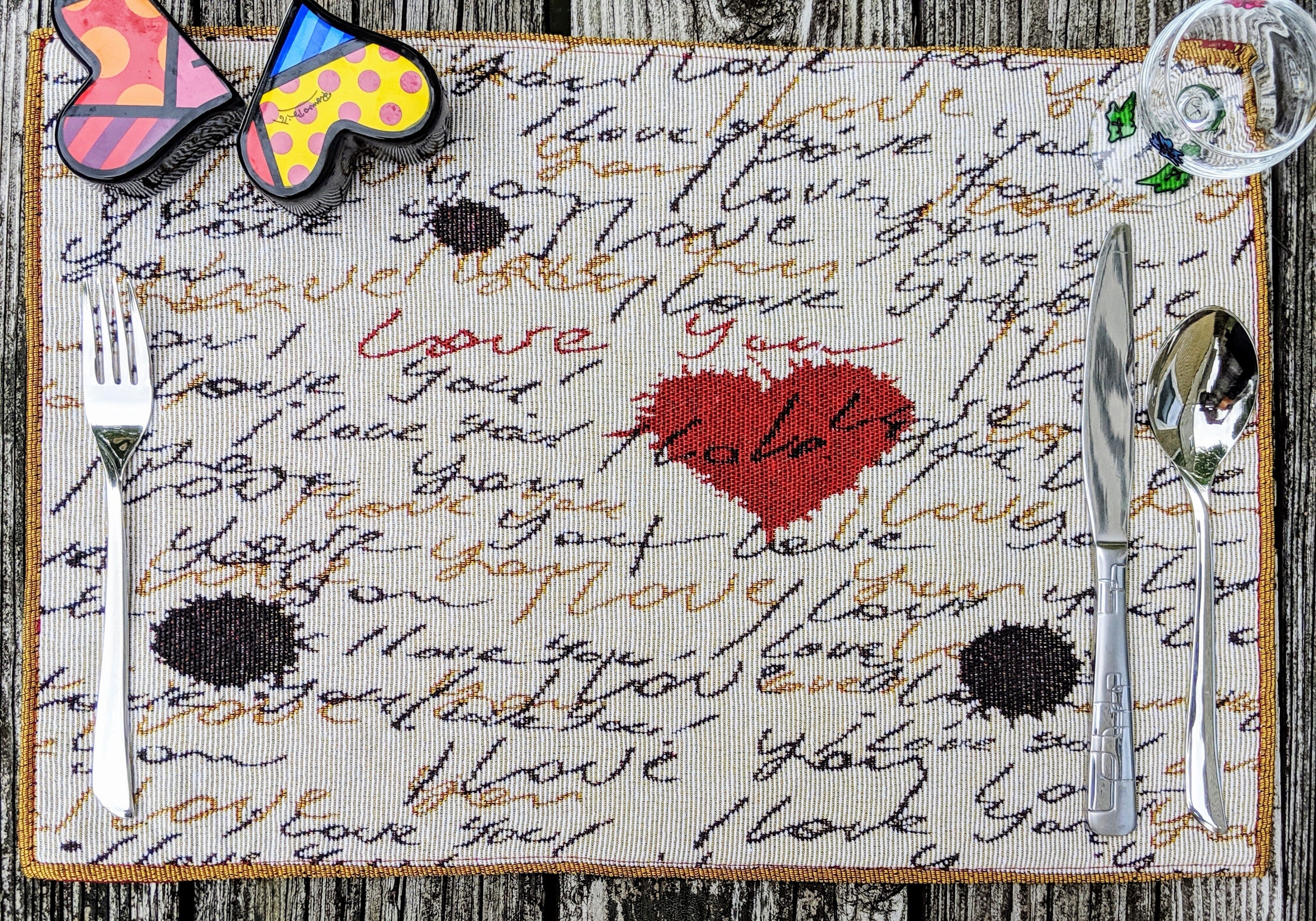 Tache Romantic Valentine’s Love Letter Beige Woven Tapestry Placemat Set (18111) - Tache Home Fashion