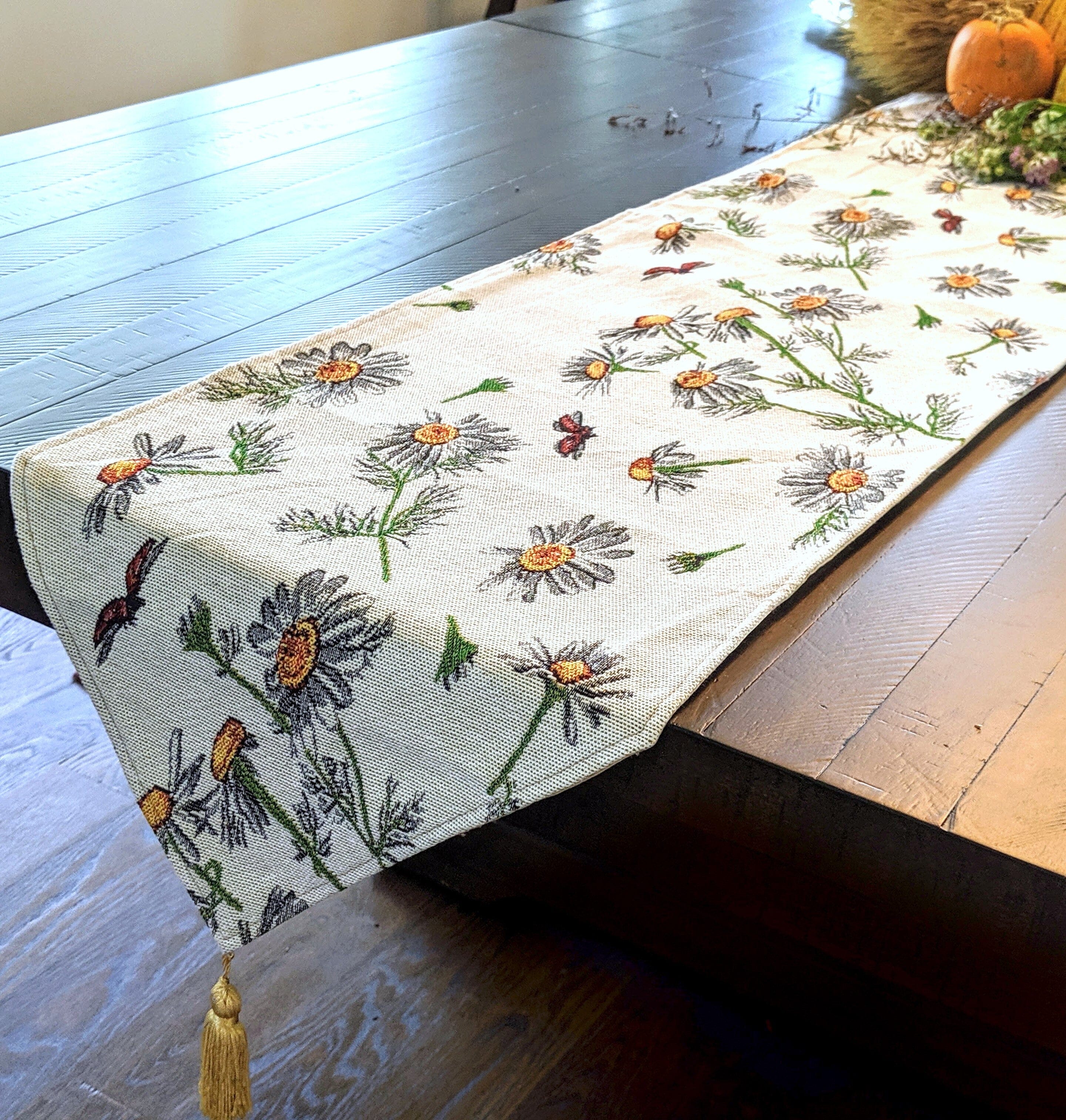 Tache Floral Yellow Daisies Ladybugs Ivory Woven Tapestry Table Runner (18114) - Tache Home Fashion