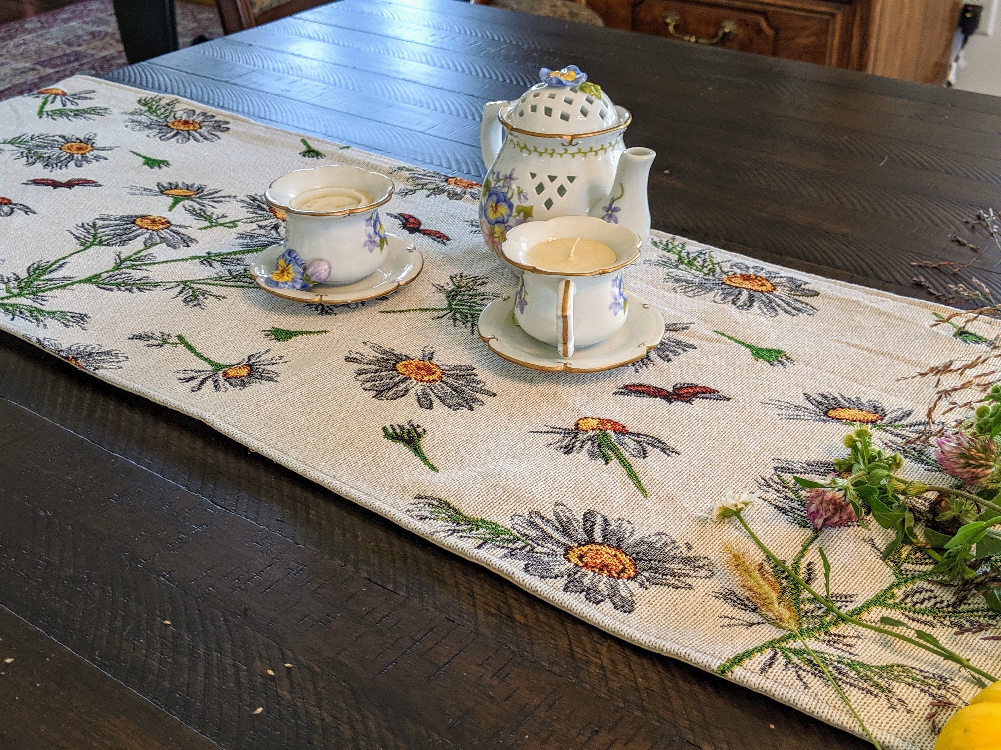 Tache Floral Yellow Daisies Ladybugs Ivory Woven Tapestry Table Runner (18114) - Tache Home Fashion