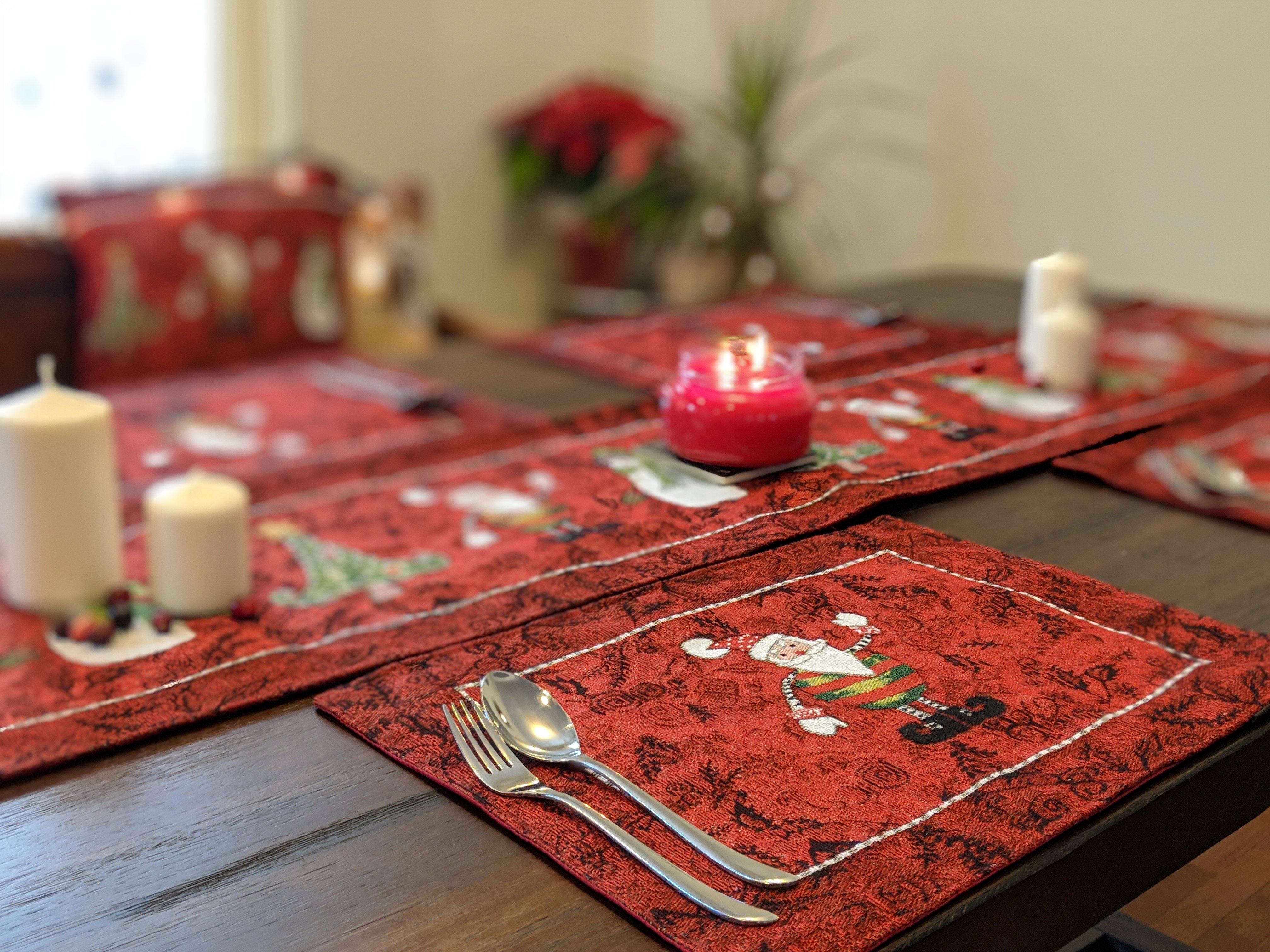 Tache Here Comes Santa Claus Vintage Holiday Woven Tapestry Red Christmas Placemat Set of 4 (8577PM) - Tache Home Fashion