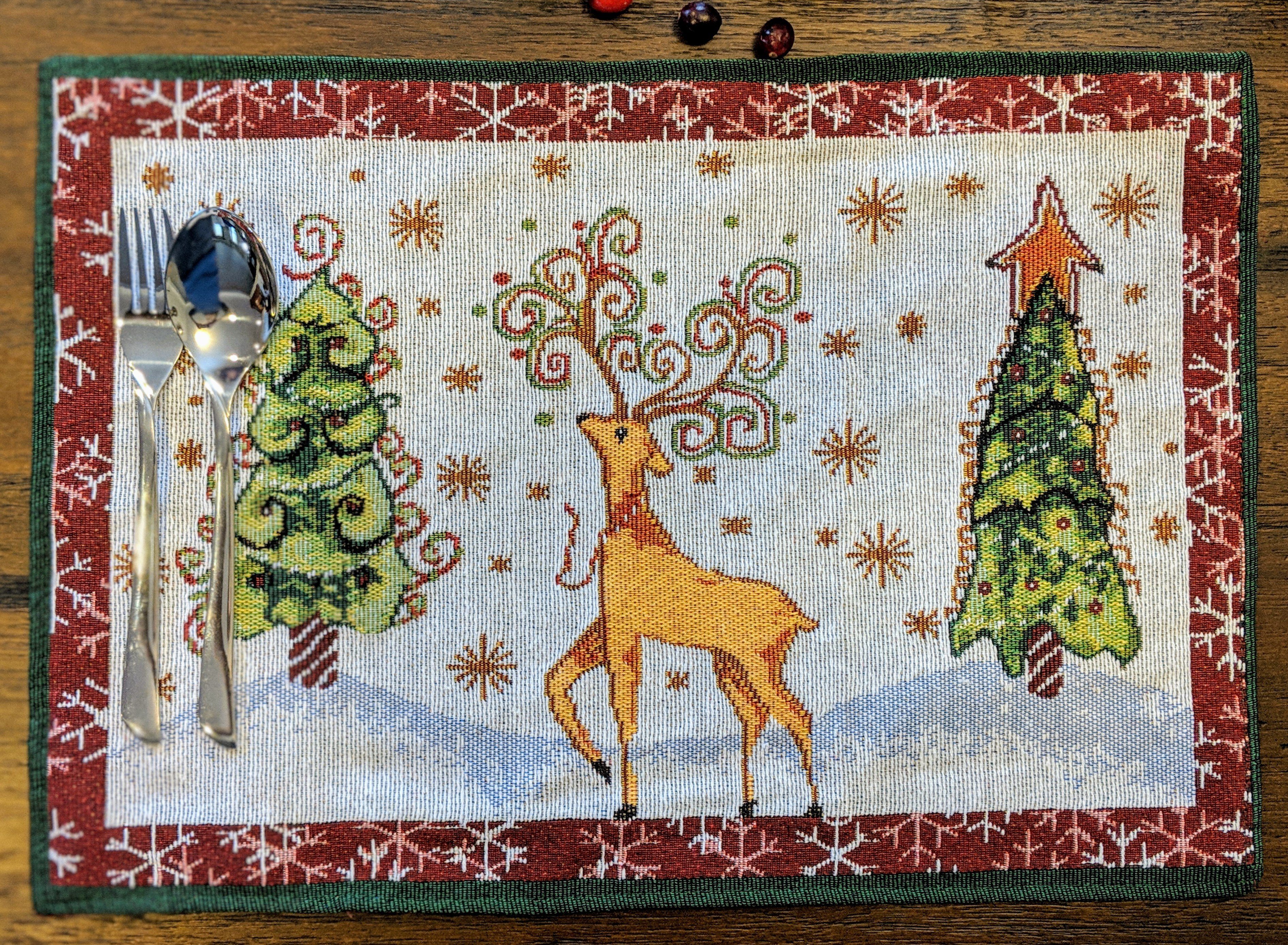 Tache White Christmas Winter Forest Reindeer Vintage Holiday Woven Tapestry Placemat - Tache Home Fashion