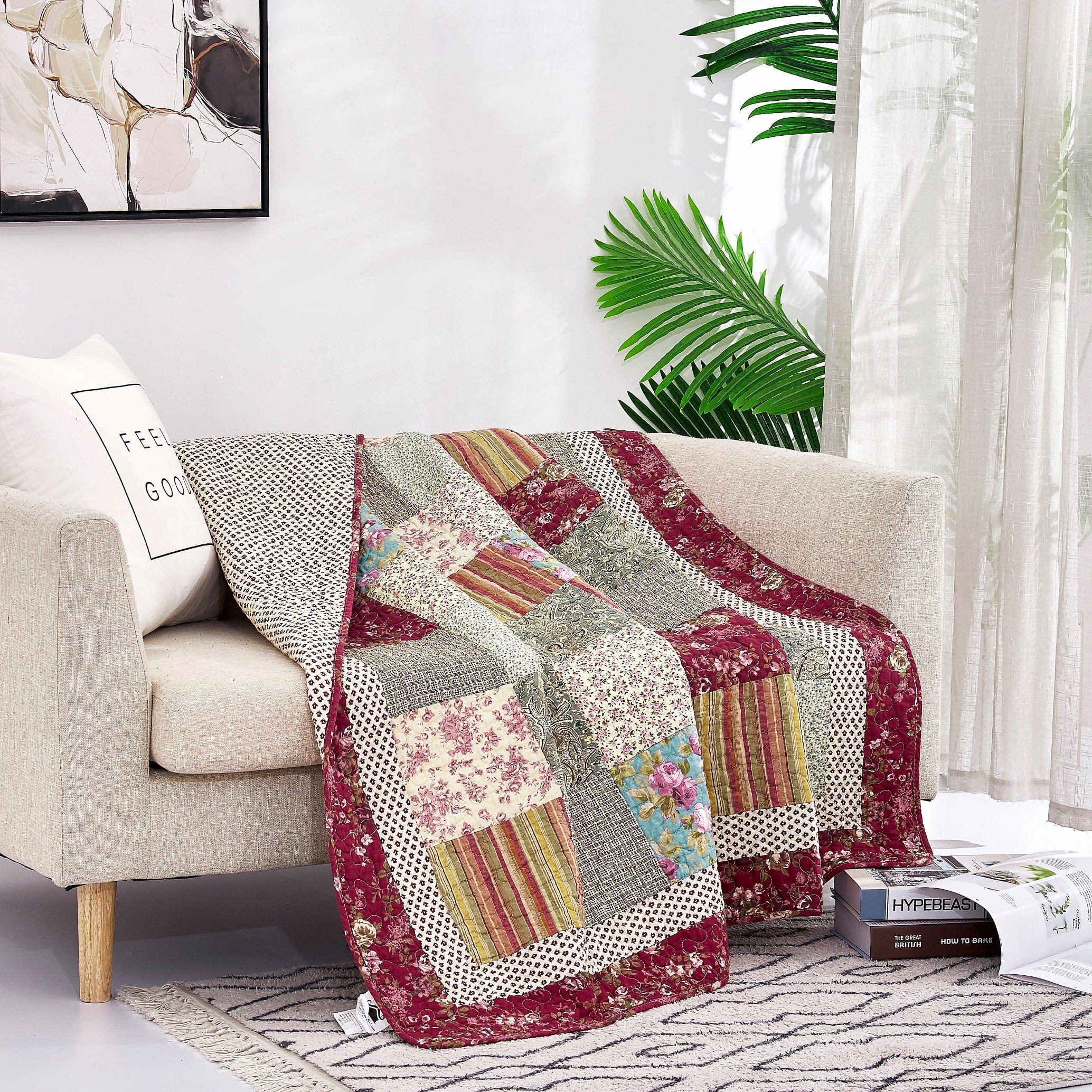 Tache Fairy Tale Tea Party Beige Burgundy Paisley Floral Cotton Patchwork Quilted Throw Blanket (DXJ103443) - Tache Home Fashion