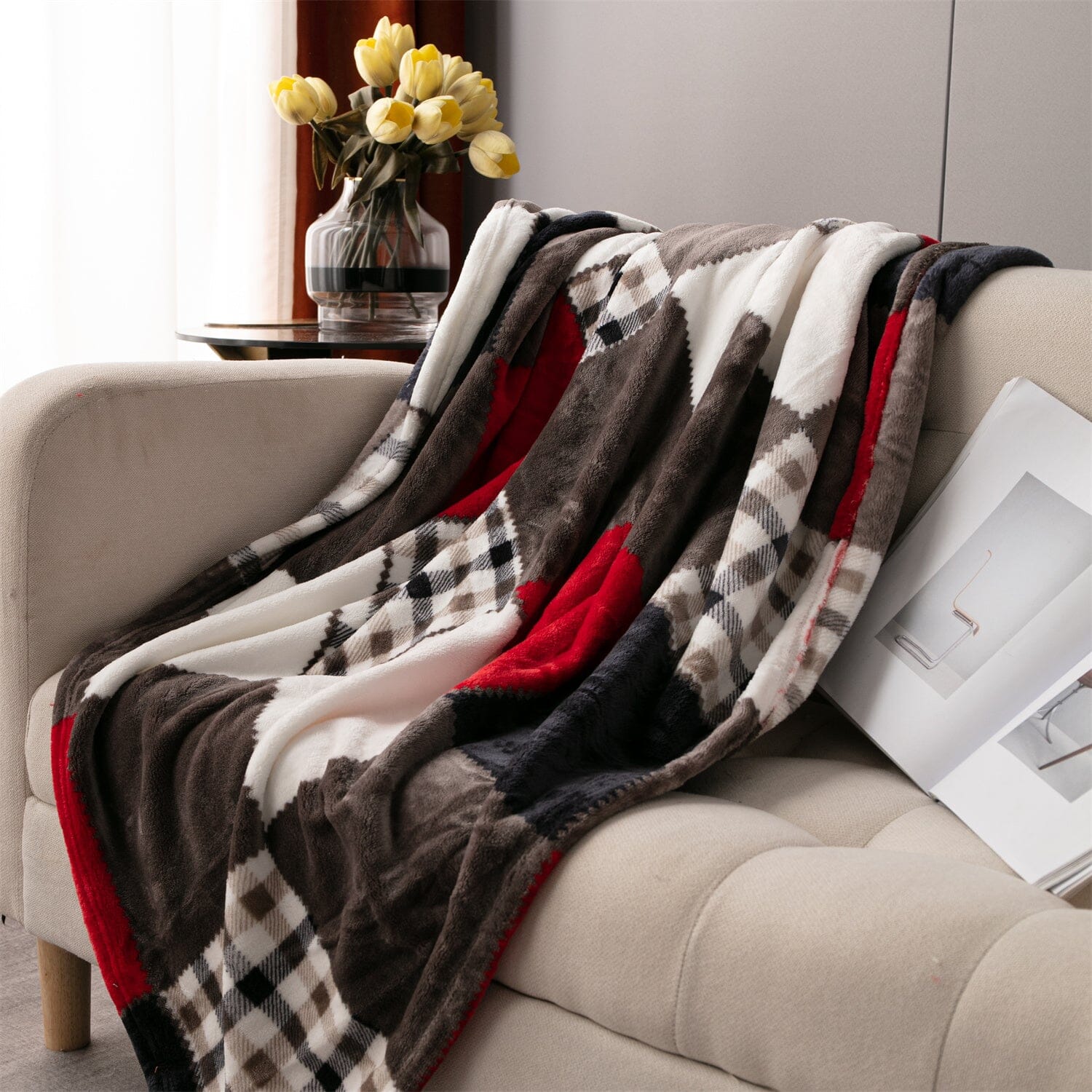 Tache Brown Red Sunset Maple Farmhouse Plaid Patchwork Throw Blanket 90x90 (4025) - Tache Home Fashion