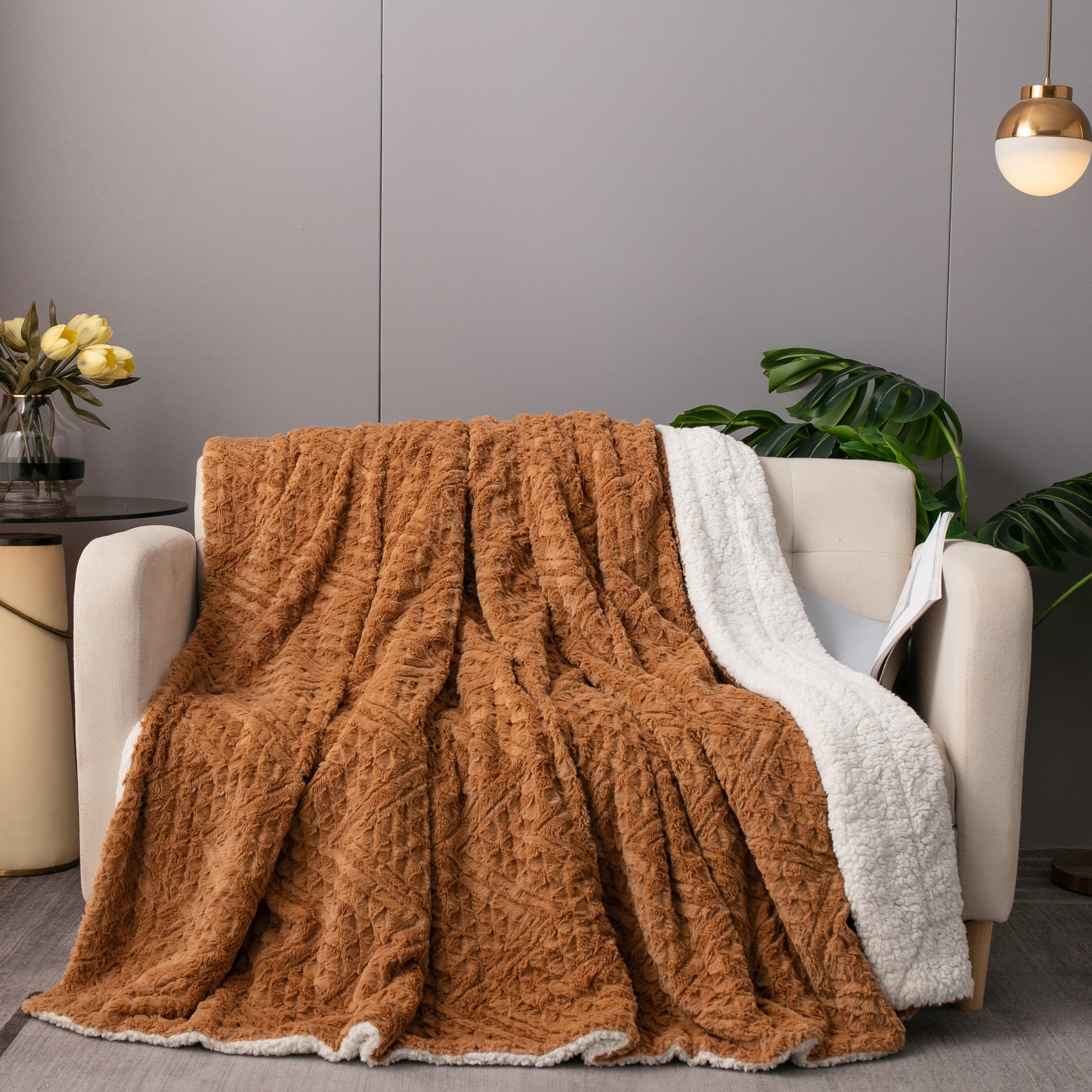 Tache Caramel Brown Faux Fur Throw Blanket Chevron Geometric Embossed (#10) - Tache Home Fashion