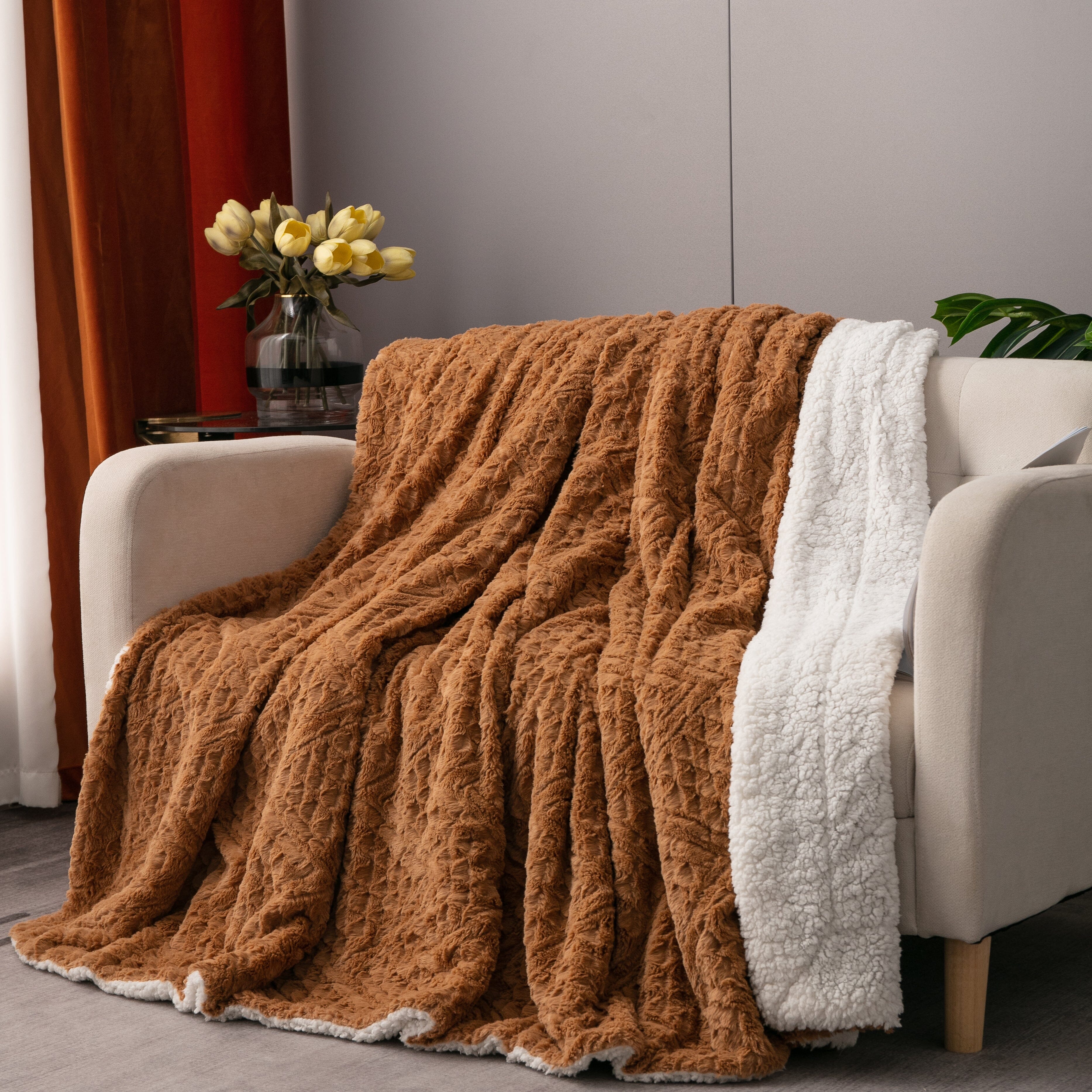 Tache Caramel Brown Faux Fur Throw Blanket Chevron Geometric Embossed (#10) - Tache Home Fashion