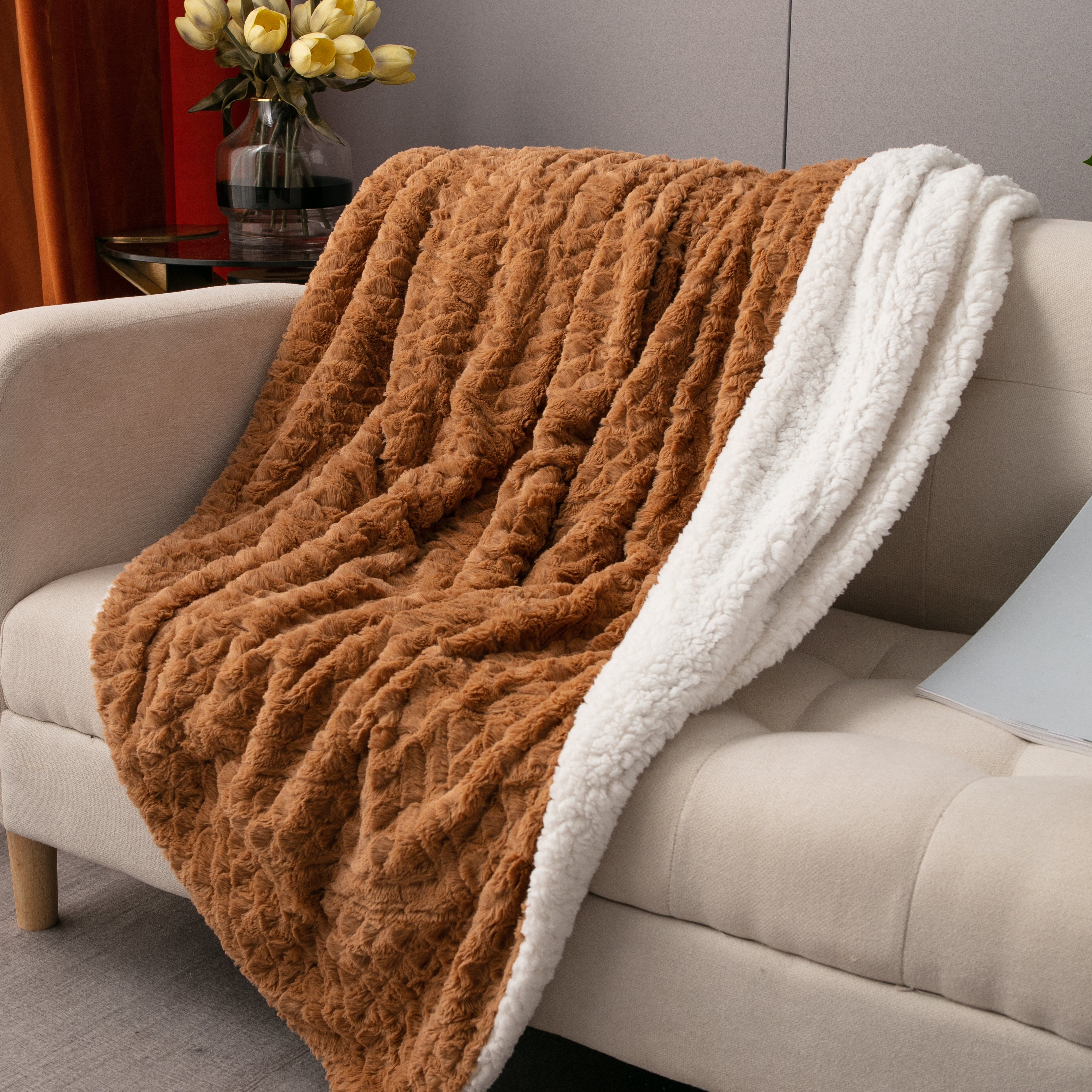 Tache Caramel Brown Faux Fur Throw Blanket Chevron Geometric Embossed (#10) - Tache Home Fashion