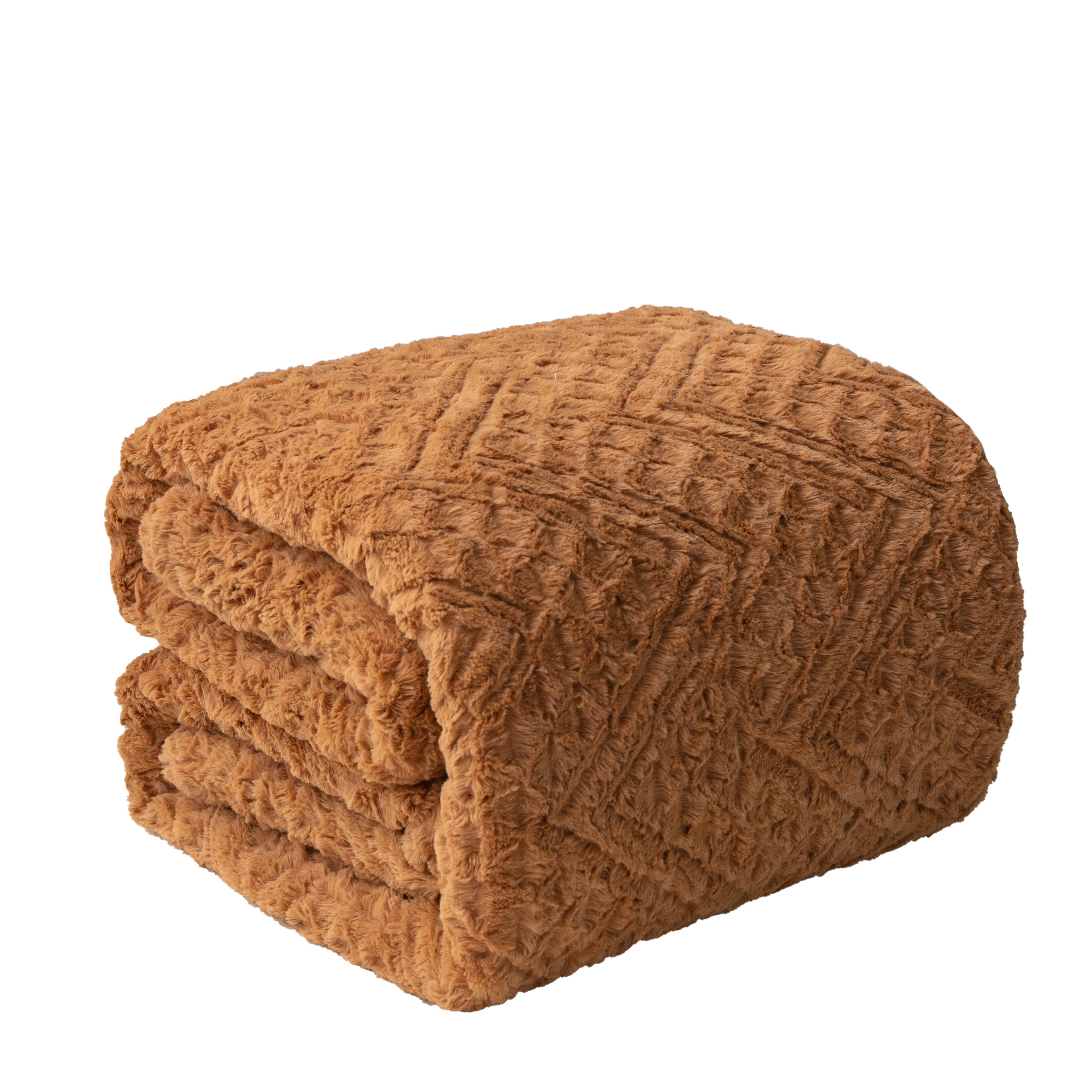 Tache Caramel Brown Faux Fur Throw Blanket Chevron Geometric Embossed (#10) - Tache Home Fashion