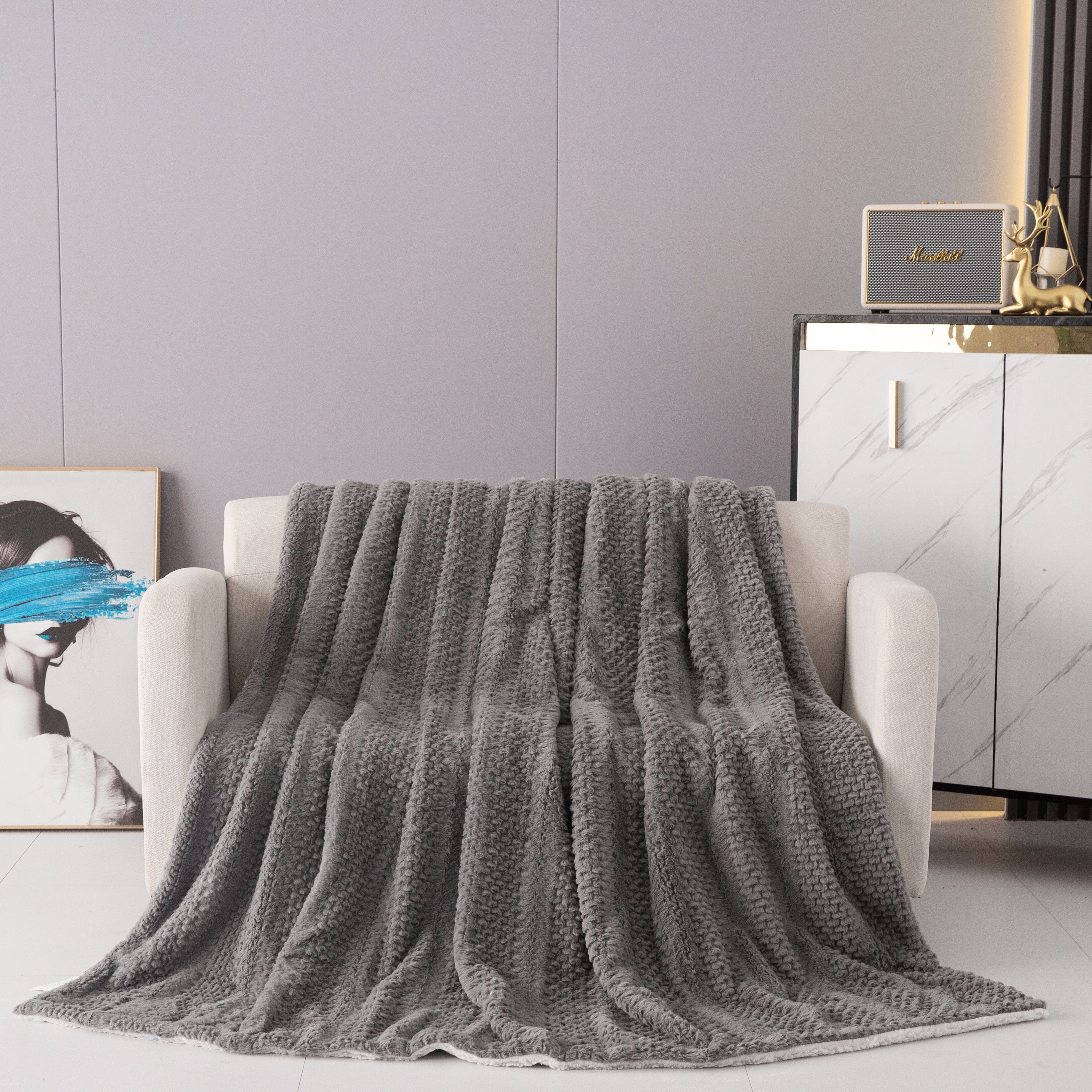 Tache Dark Grey Faux Fur Throw Blanket Bubble Textured Striped Embossed (#11) - Tache Home Fashion