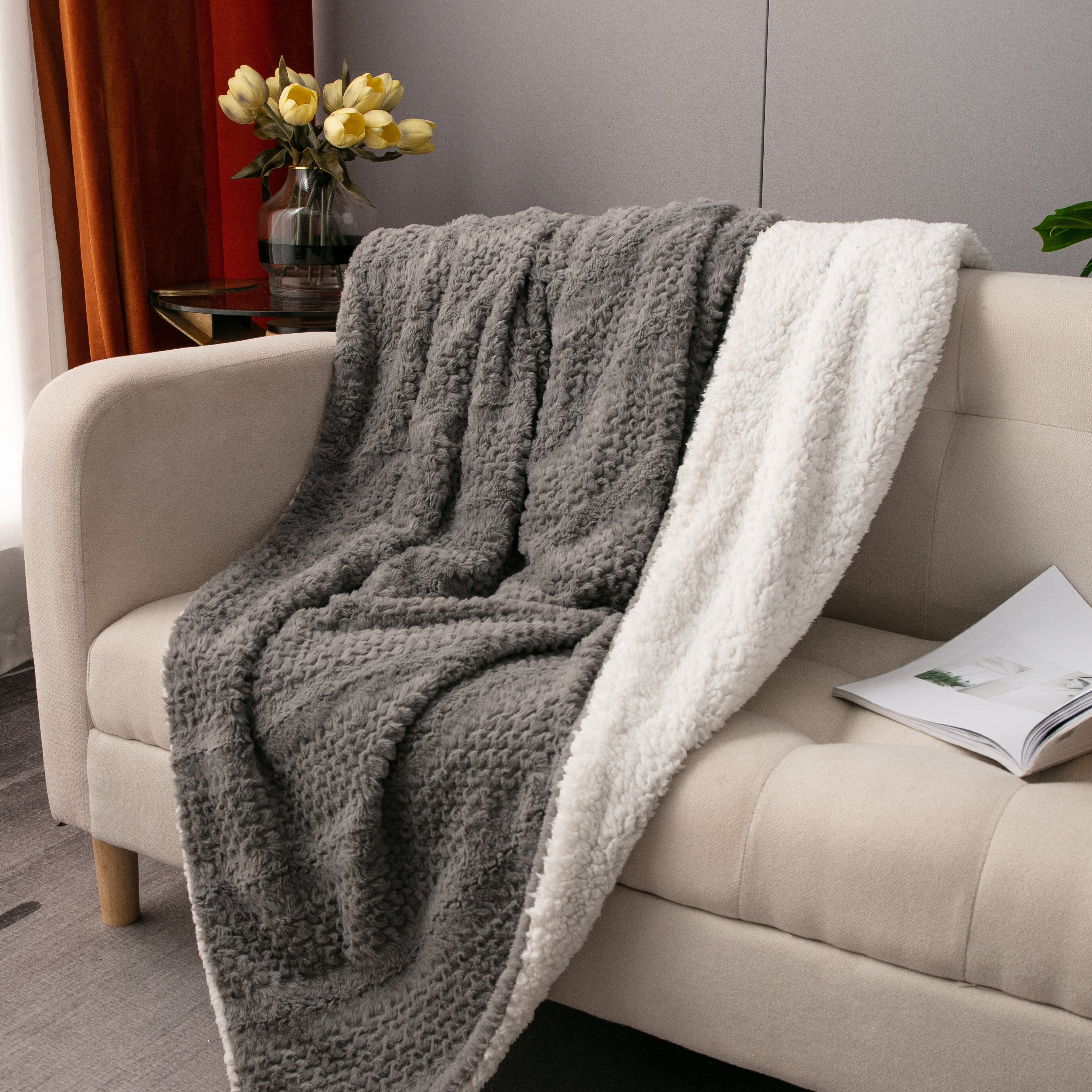 Tache Dark Grey Faux Fur Throw Blanket Bubble Textured Striped Embossed (#11) - Tache Home Fashion