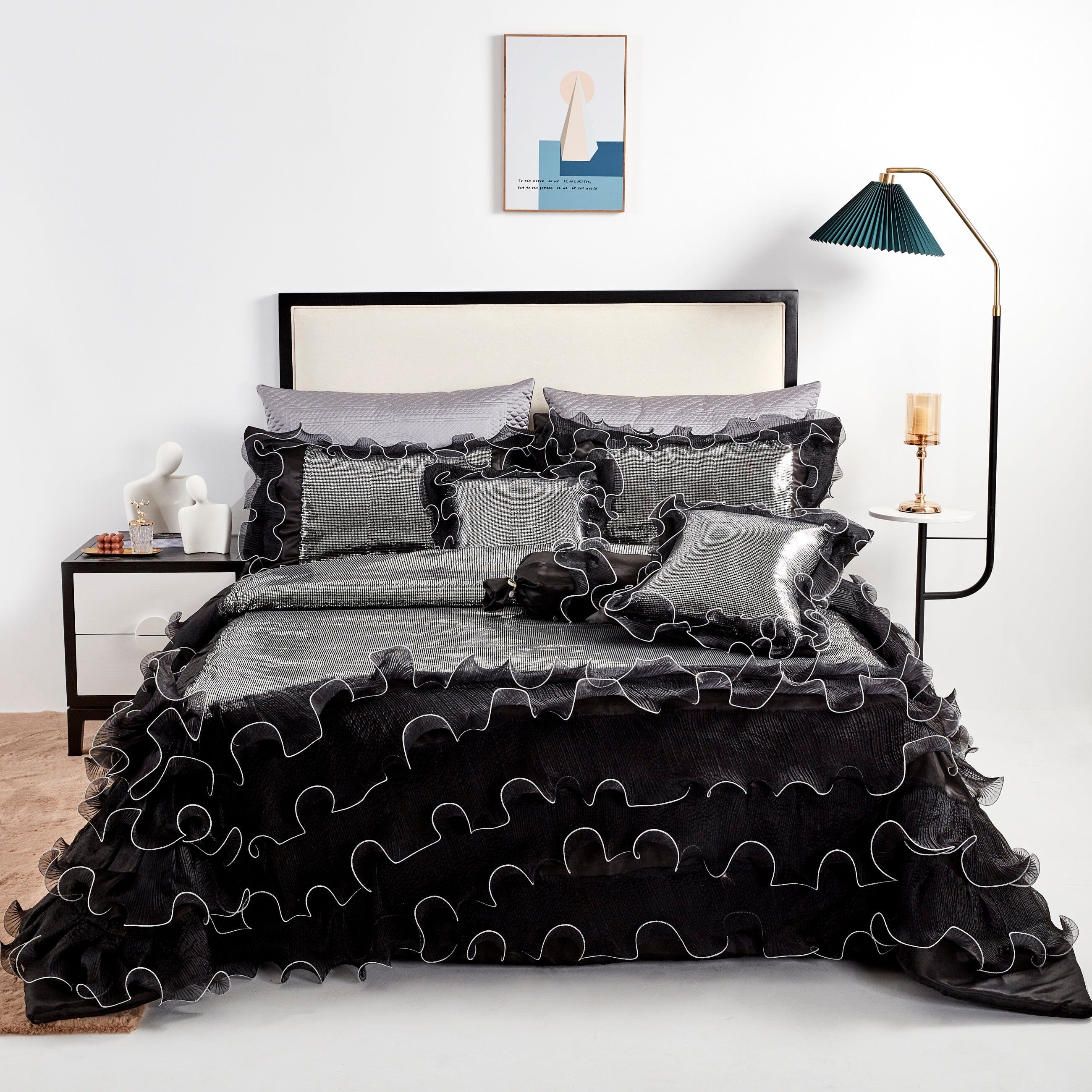 Tache Luxurious Glam Night Out Silver Sequin Black Organza Ruffle 6pc Comforter Bedding Set (1622)