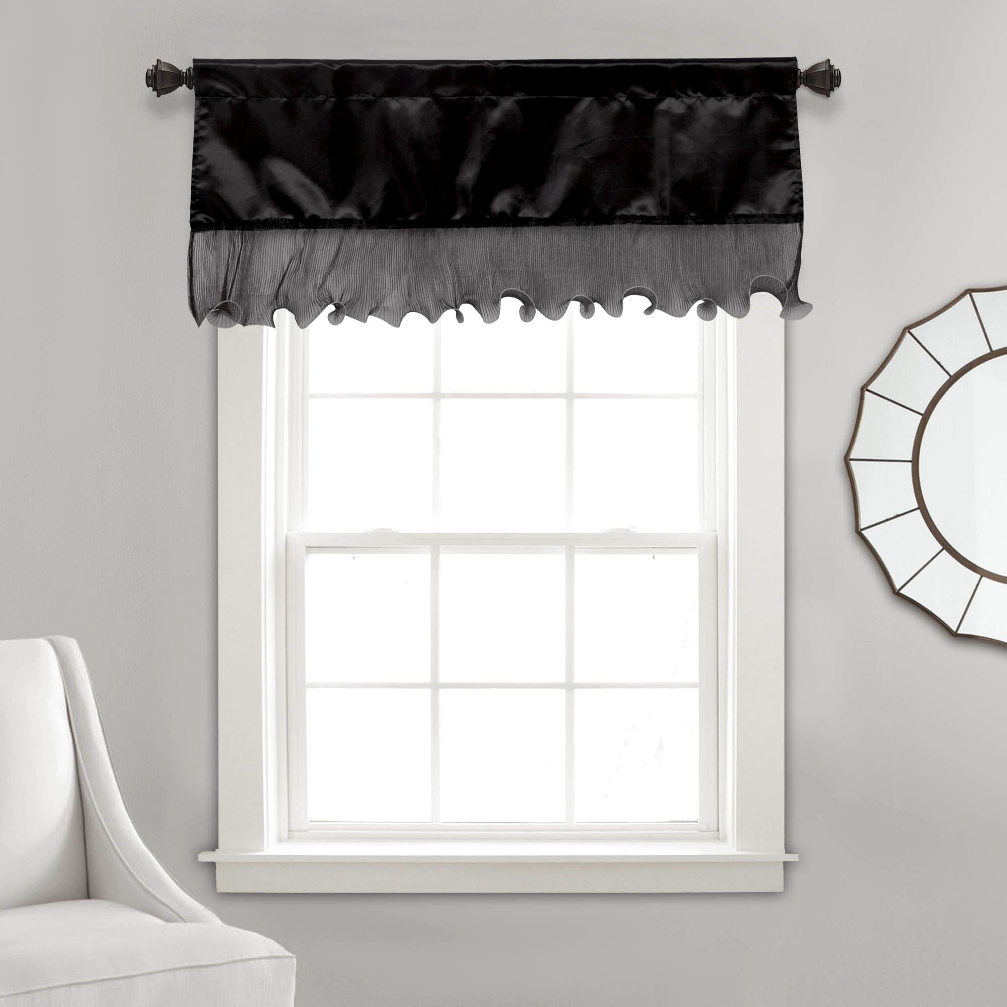 Tache Satin Ruffle Window Curtain Tailored Black 18x52" Valance (1622) - Tache Home Fashion