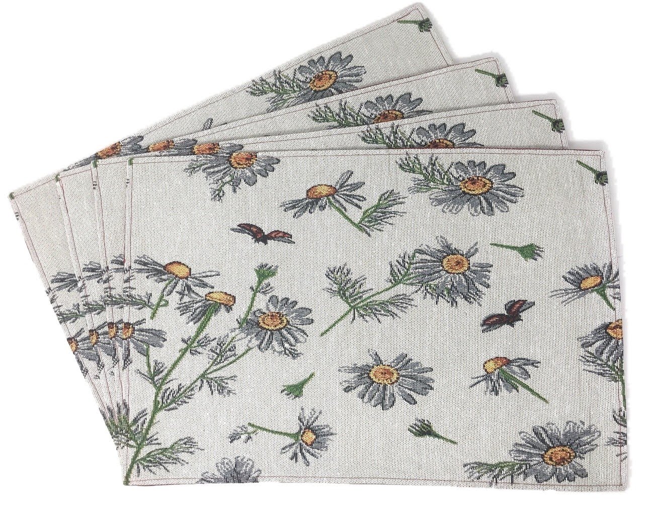 Tache Floral Grey White Yellow Daisies Ladybugs Woven Tapestry Placemats (18114) - Tache Home Fashion
