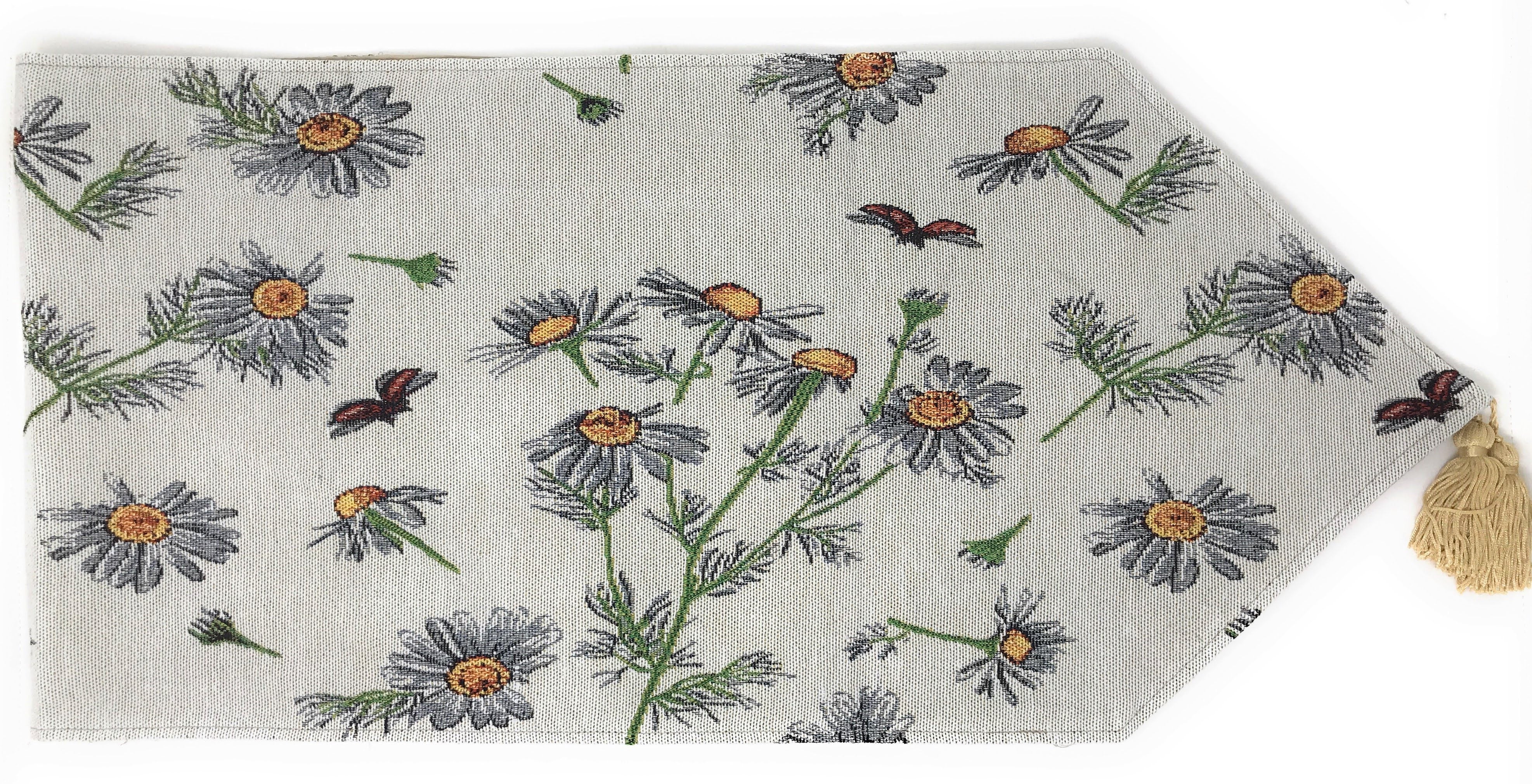 Tache Floral Yellow Daisies Ladybugs Ivory Woven Tapestry Table Runner (18114) - Tache Home Fashion