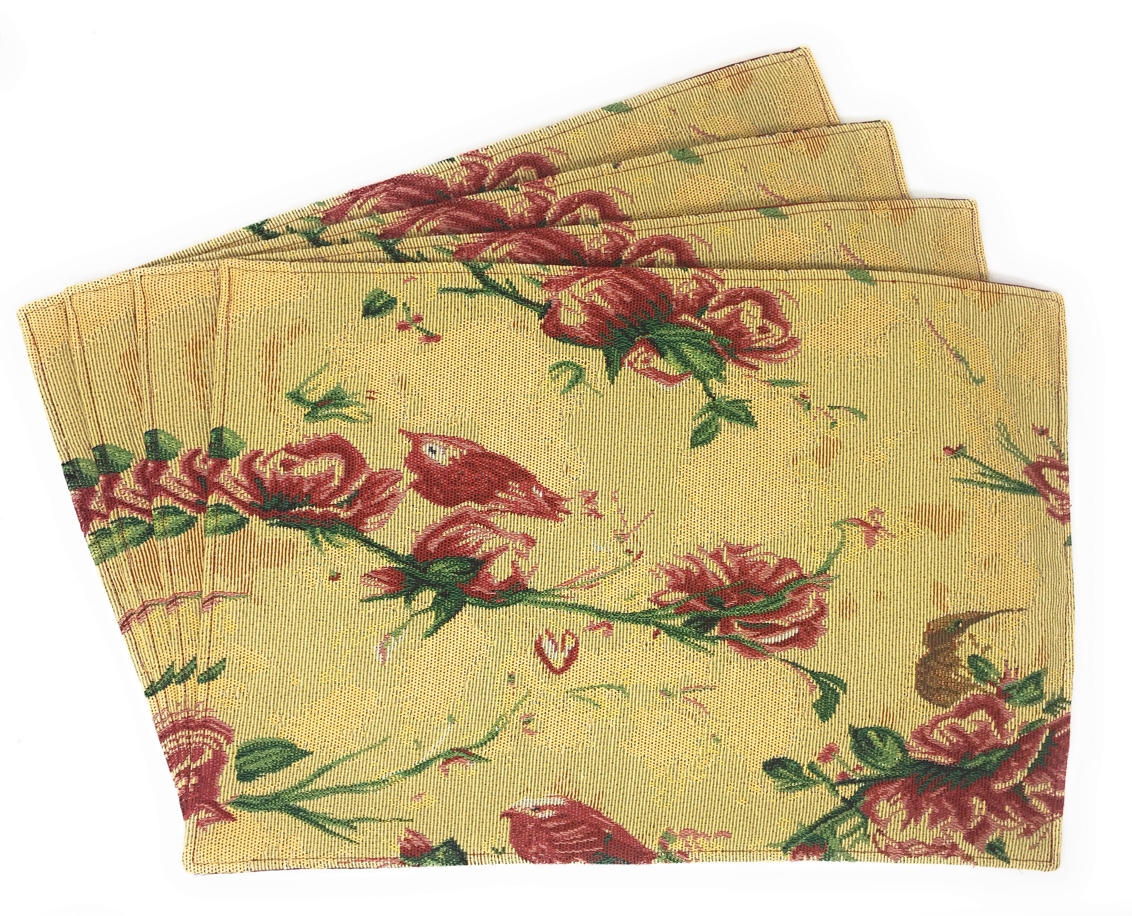 Tache Floral Red Roses Hummingbirds Golden Woven Tapestry Placemat Set (18115) - Tache Home Fashion