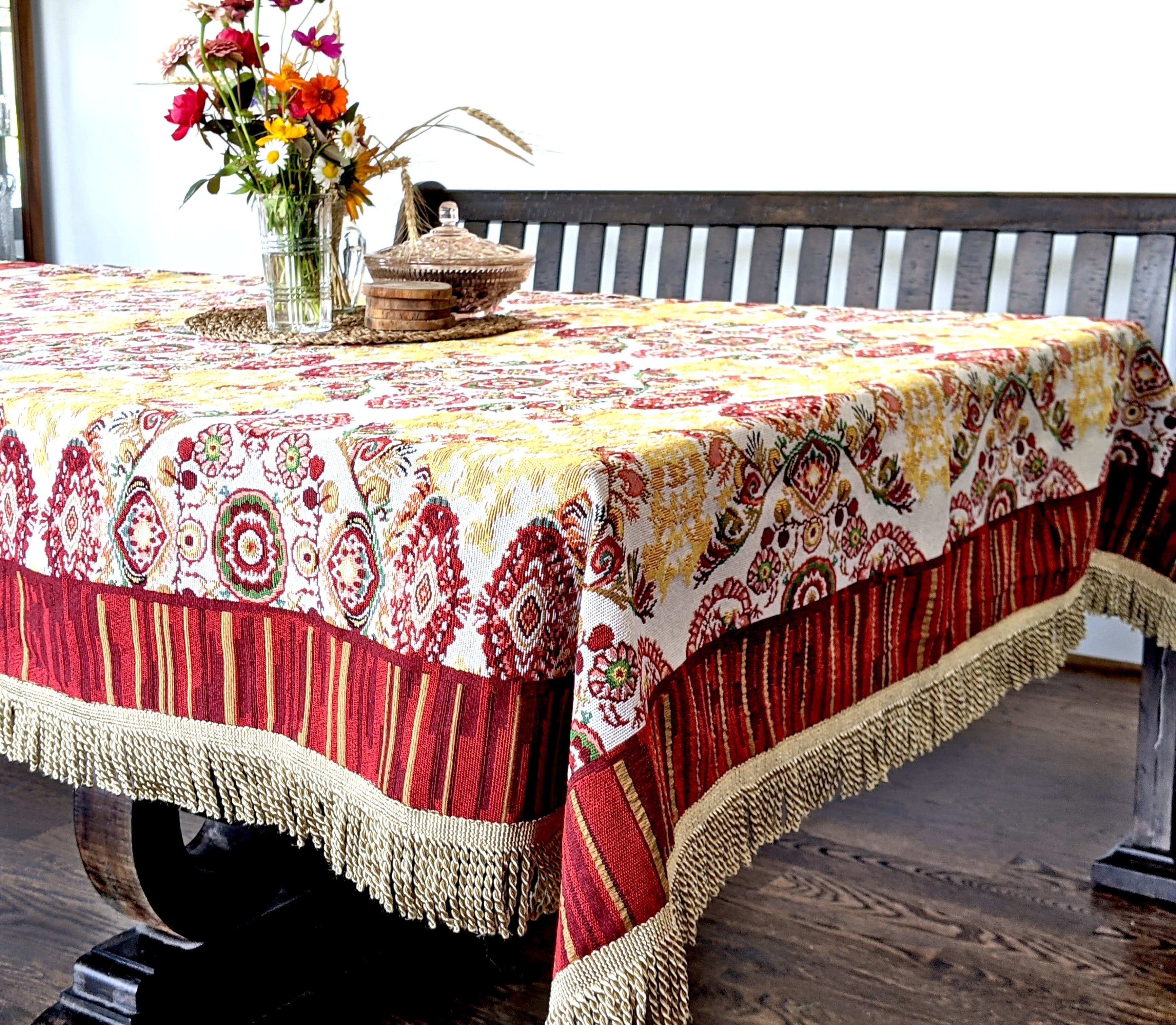 Tache Elegant Burgundy Ornate Paisley Woven Tapestry Tablecloth (18194) - Tache Home Fashion