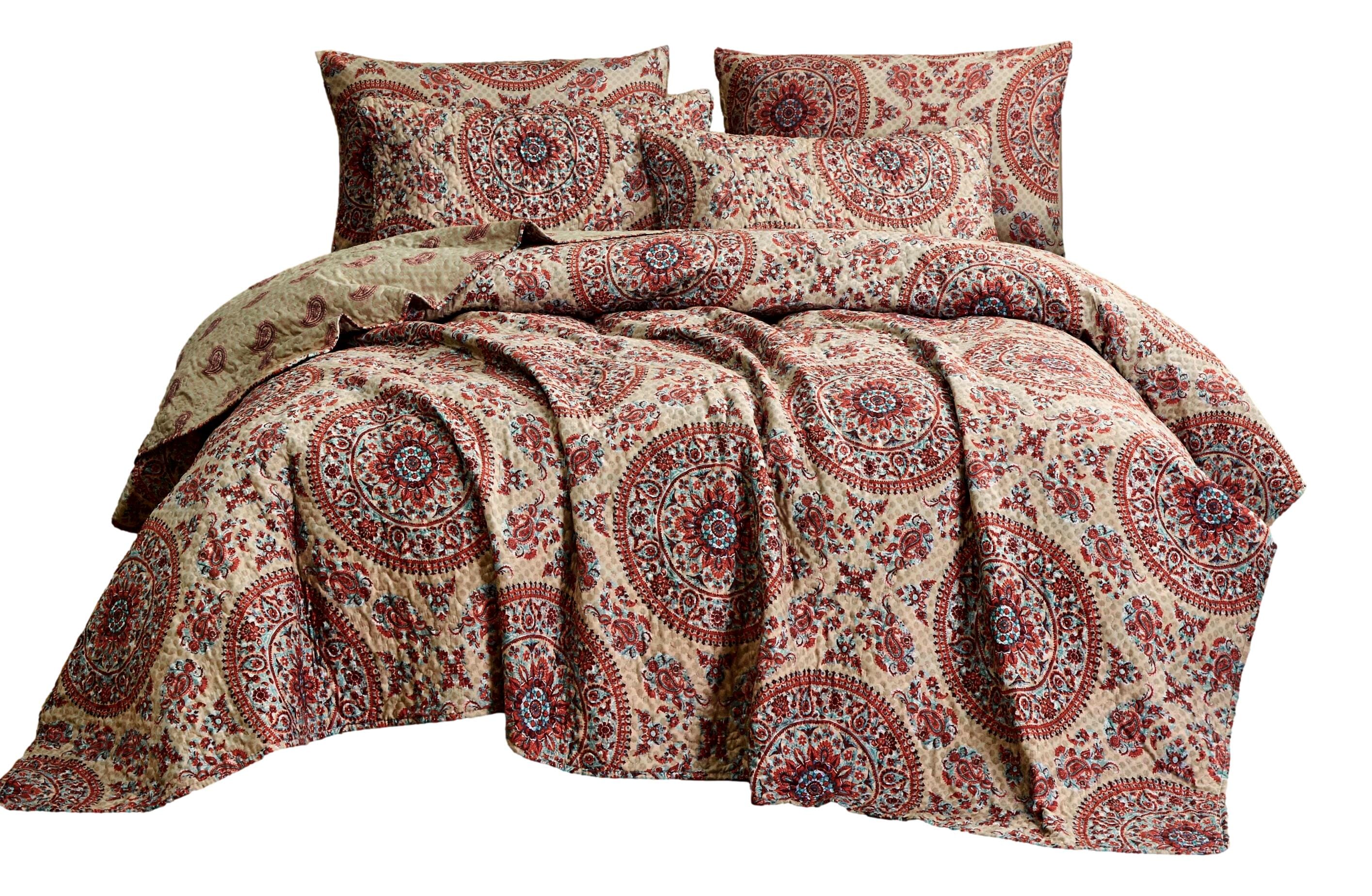 Tache Bohemian Desert Medallion Boteh Paisley Orange Blue Taupe Reversible Quilt Set (TJ3502) - Tache Home Fashion