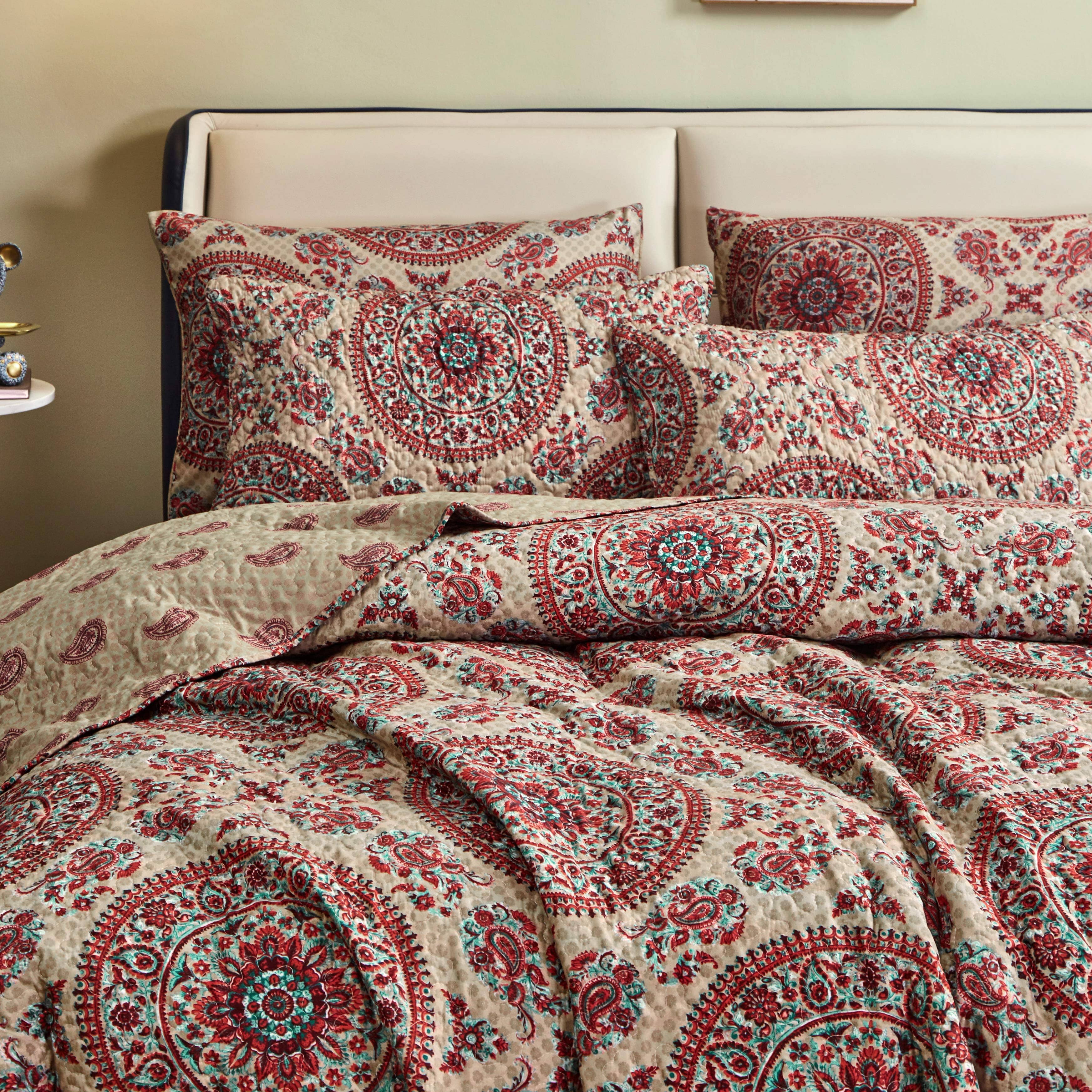 Tache Bohemian Desert Medallion Boteh Paisley Orange Blue Taupe Reversible Quilt Set (TJ3502) - Tache Home Fashion