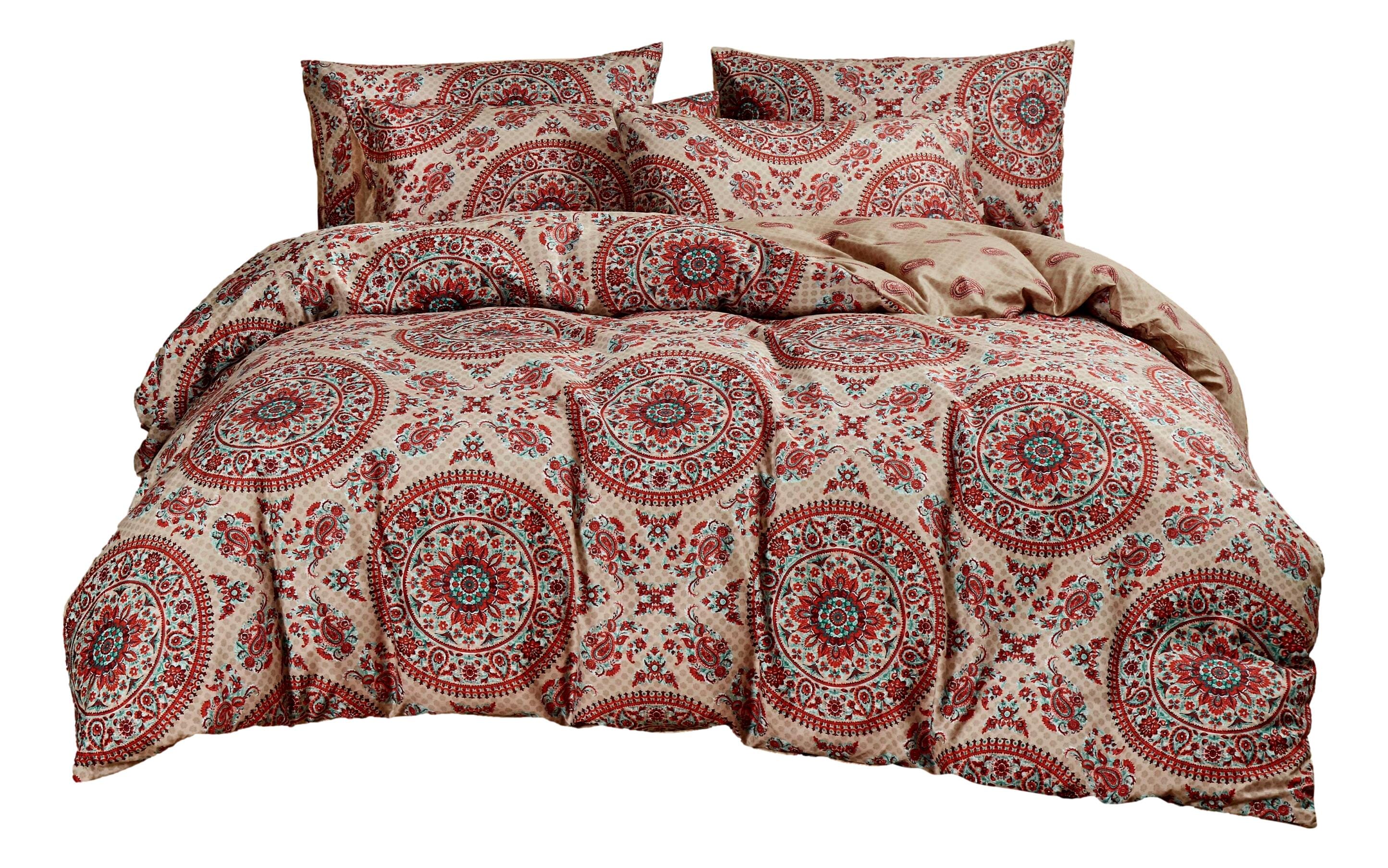 Tache Bohemian Desert Medallion Boteh Paisley Orange Blue Taupe Reversible Duvet Cover (TJ3502) - Tache Home Fashion