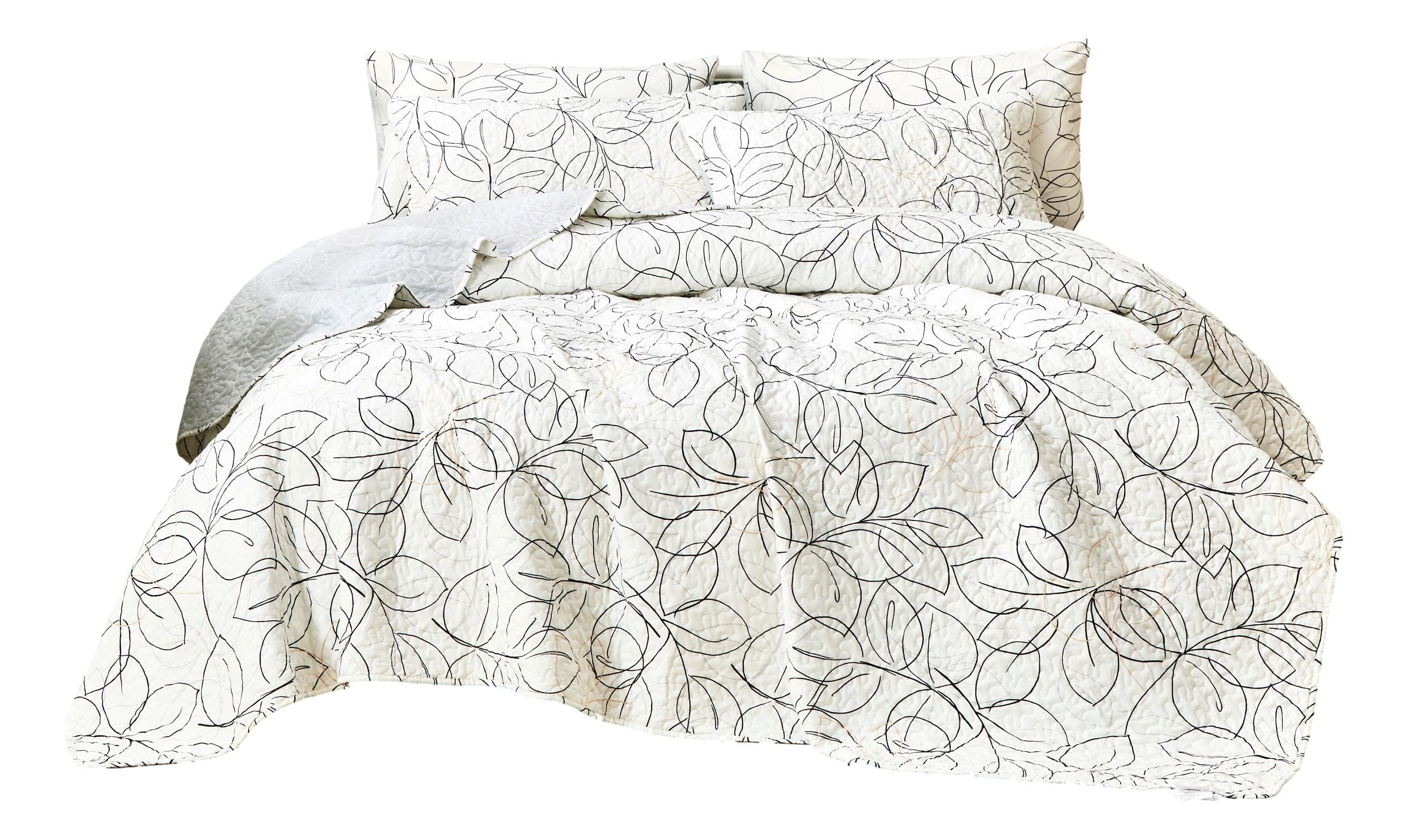 Tache Modern Abstract Leaf Line Art Foliage White Grey Black Gold Reversible Quilt Set (TJ3571-Q) - Tache Home Fashion