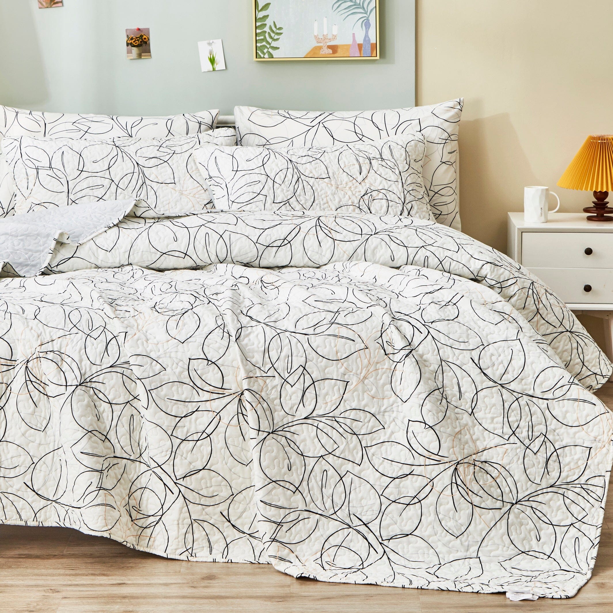 Tache Modern Abstract Leaf Line Art Foliage White Grey Black Gold Reversible Quilt Set (TJ3571-Q) - Tache Home Fashion