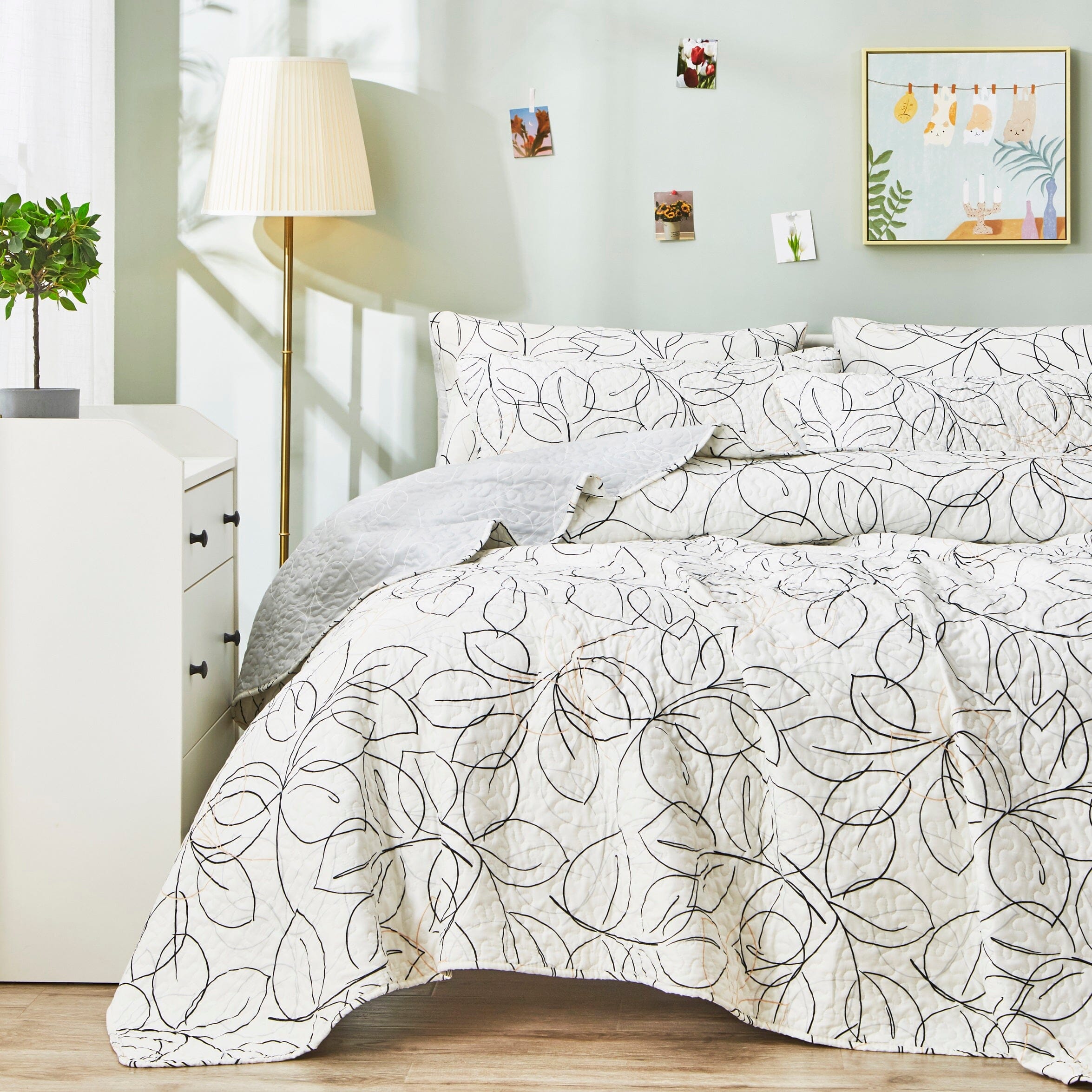 Tache Modern Abstract Leaf Line Art Foliage White Grey Black Gold Reversible Quilt Set (TJ3571-Q) - Tache Home Fashion