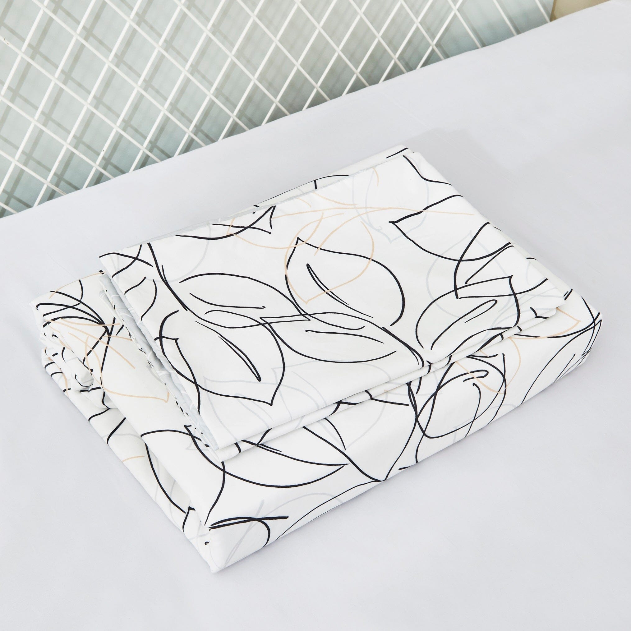 Tache Modern Abstract Leaf Line Art Foliage White Grey Black Gold Flat Sheet Only (TJ3571) - Tache Home Fashion