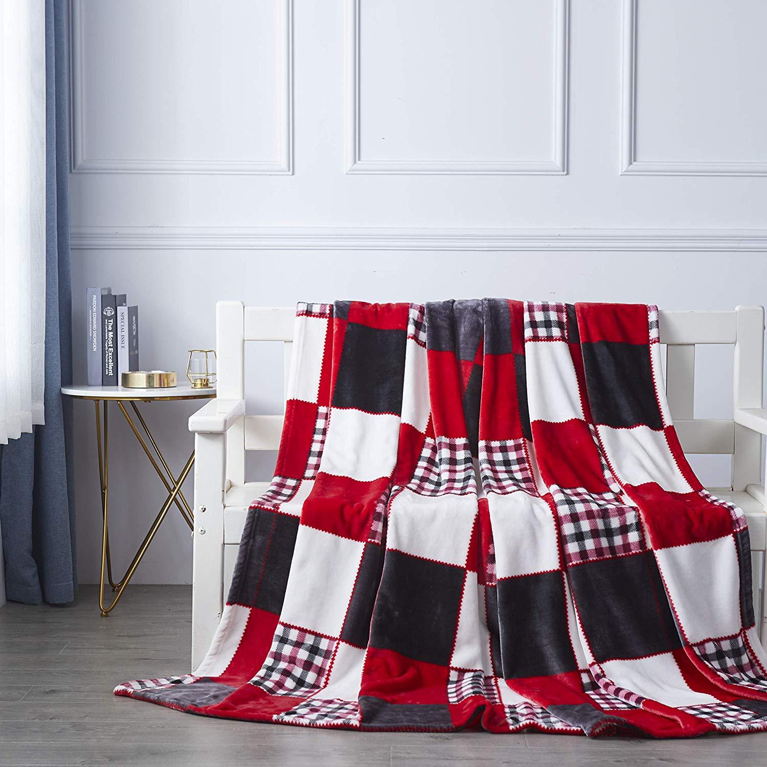 Tache Holiday Red Farmhouse Plaid Patchwork Flannel Throw Blanket (4025) - Tache Home Fashion