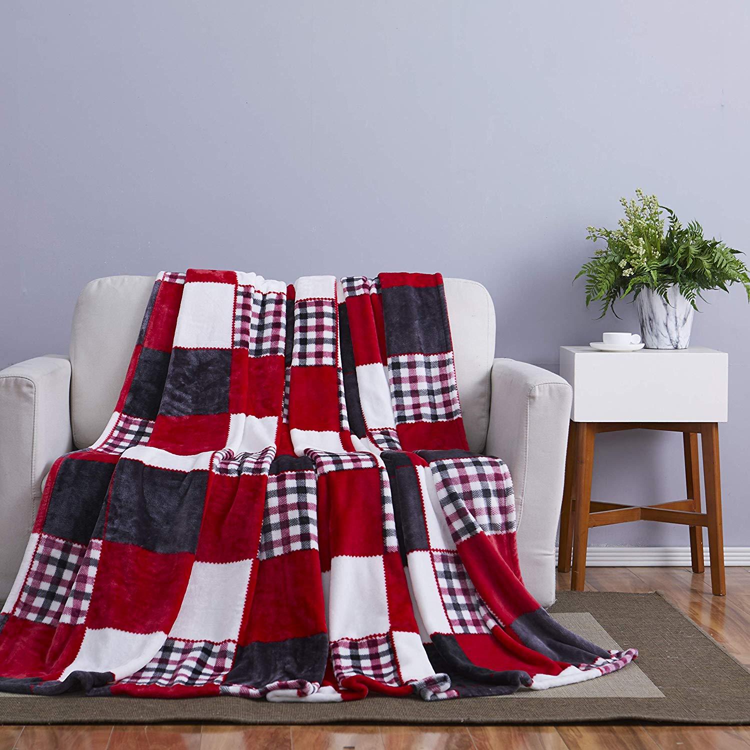 Tache Holiday Red Farmhouse Plaid Patchwork Flannel Throw Blanket (4025) - Tache Home Fashion