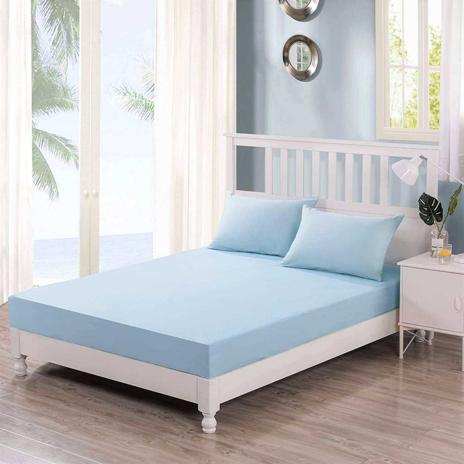 High-quality Light Blue Cotton Fitted Sheet and Pillowcase Set for ultimate comfort. 100% premium cotton construction, available in twin, full, queen, king, and California king sizes