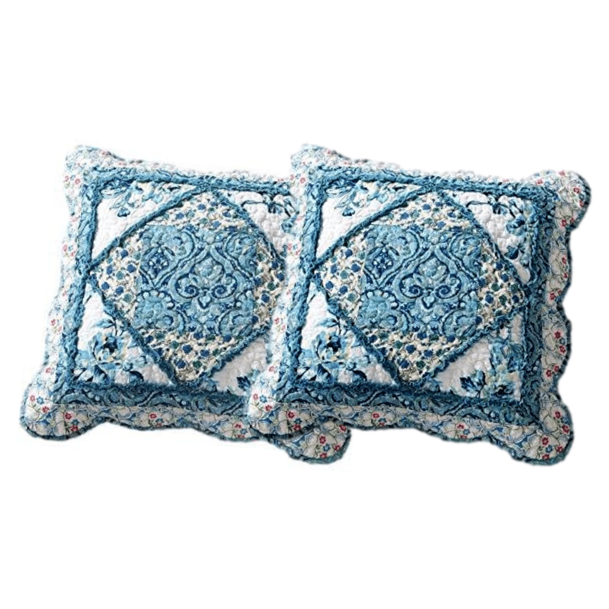 Tache Cotton Patchwork White Blue Floral Scalloped Petal Dance Cushion Covers / Euro Sham (JHW-646) - Tache Home Fashion