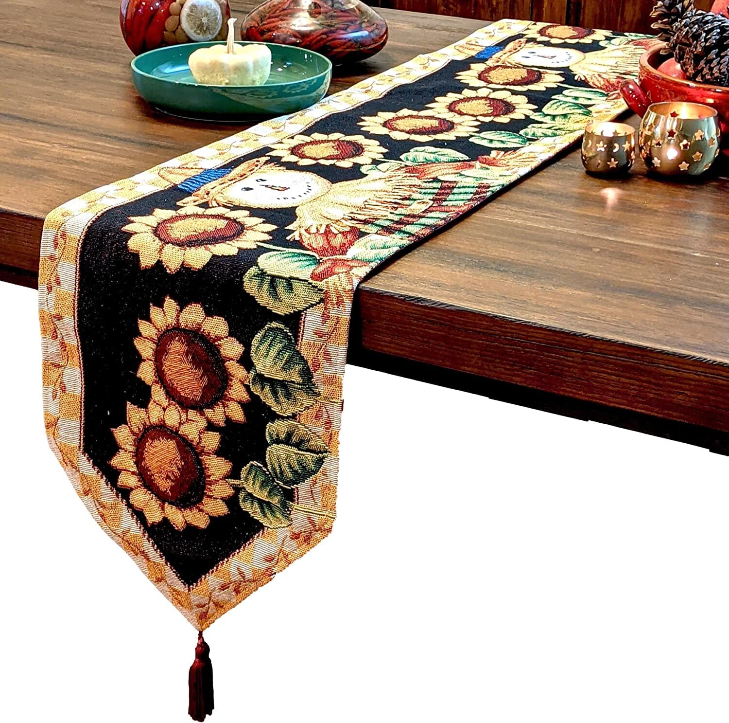 Tache Sunflower Field Scarecrow Autumn Harvest Woven Tapestry Table Runners (11712TR) - Tache Home Fashion