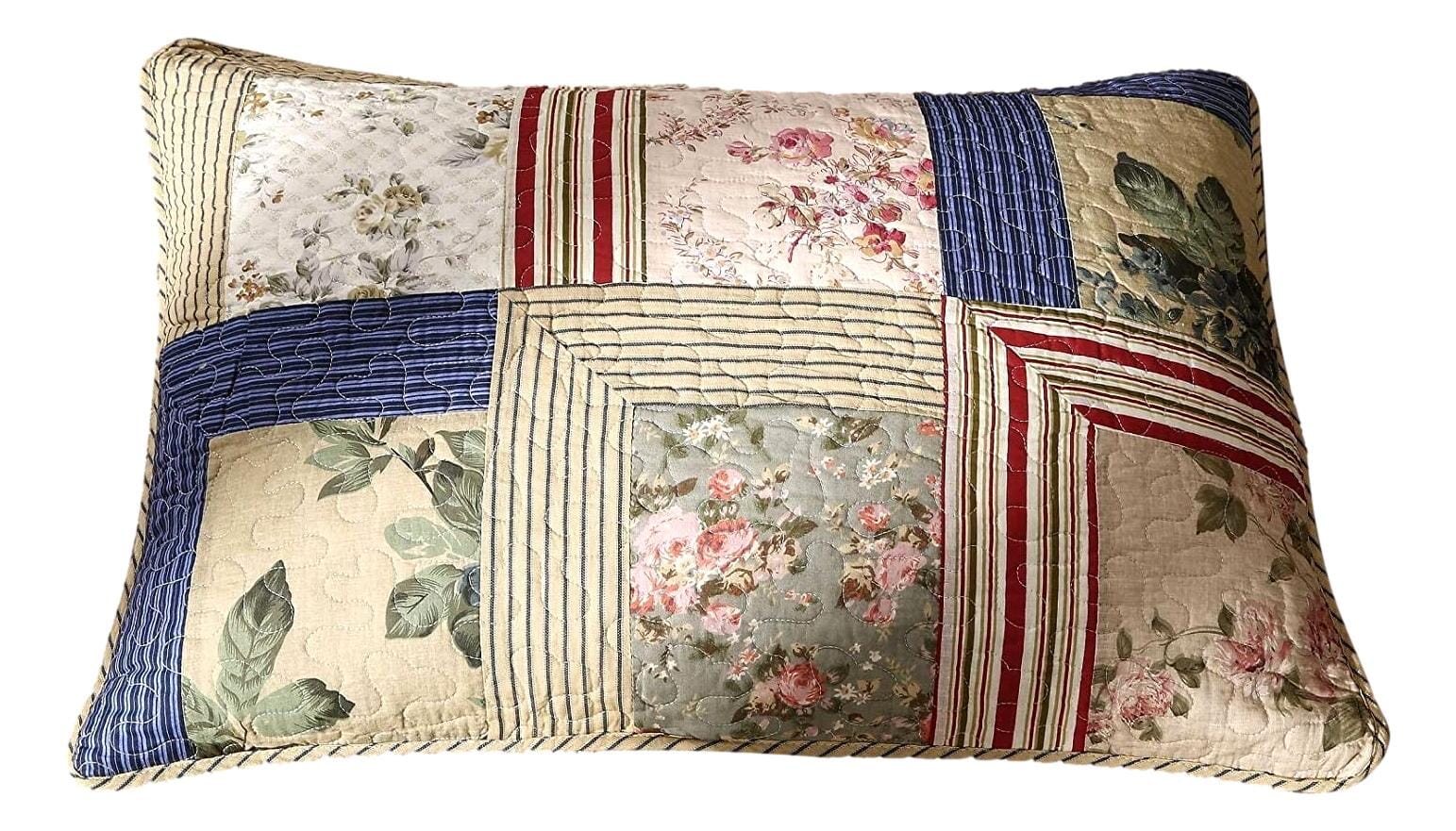 Tache Cotton Patchwork Striped Exotic Floral Beige Blue Japanese Garden Pillow Sham 2-Pieces (DXJ100076) - Tache Home Fashion