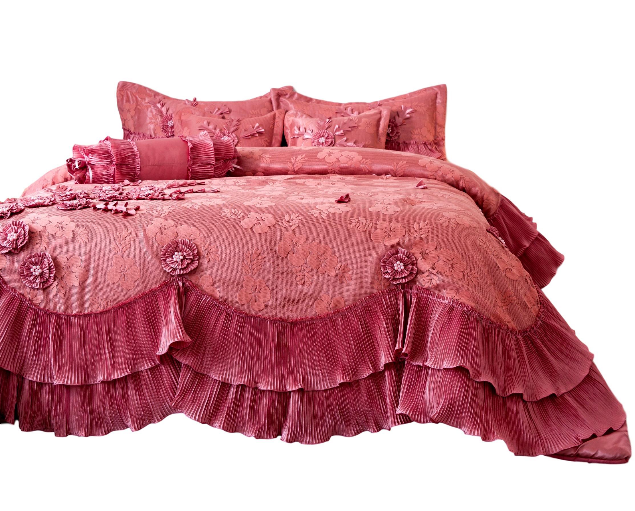 Tache Satin Ruffle Floral Lace Pink Royal Princess Dream Comforter Set (BM1227) - Tache Home Fashion