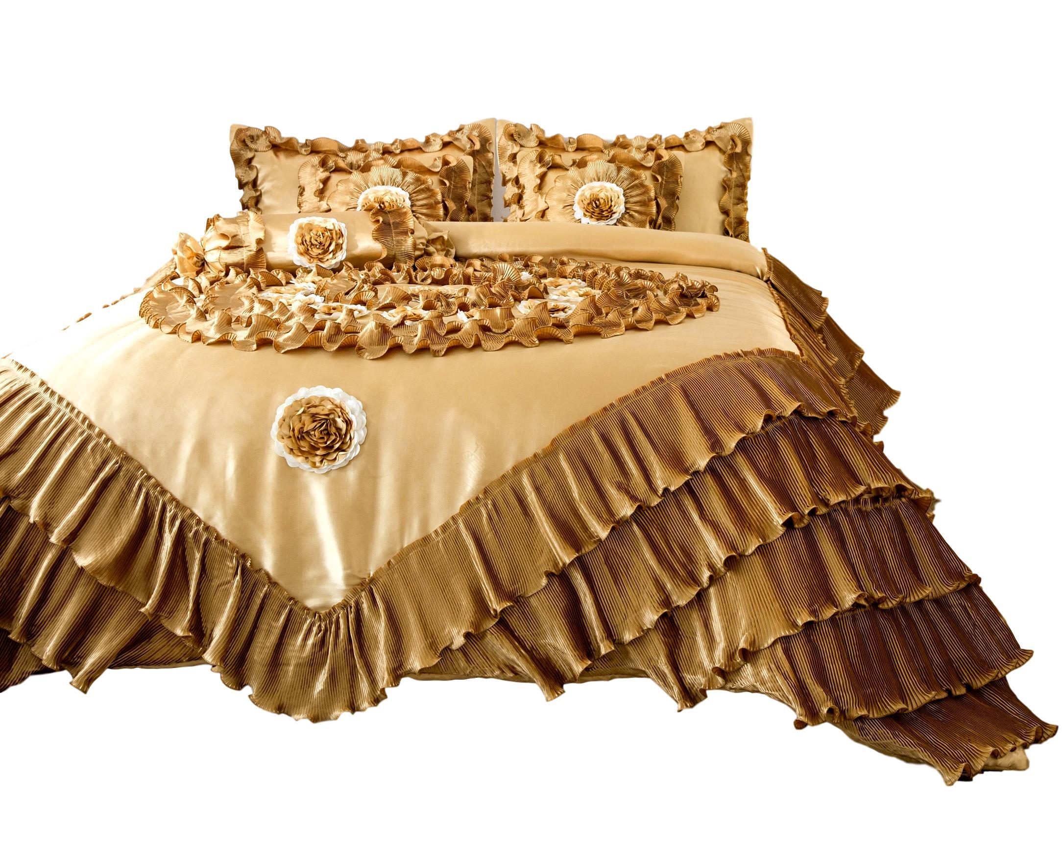 Tache Satin Ruffle Floral Gold Caramel Latte Comforter (BM4578) - Tache Home Fashion