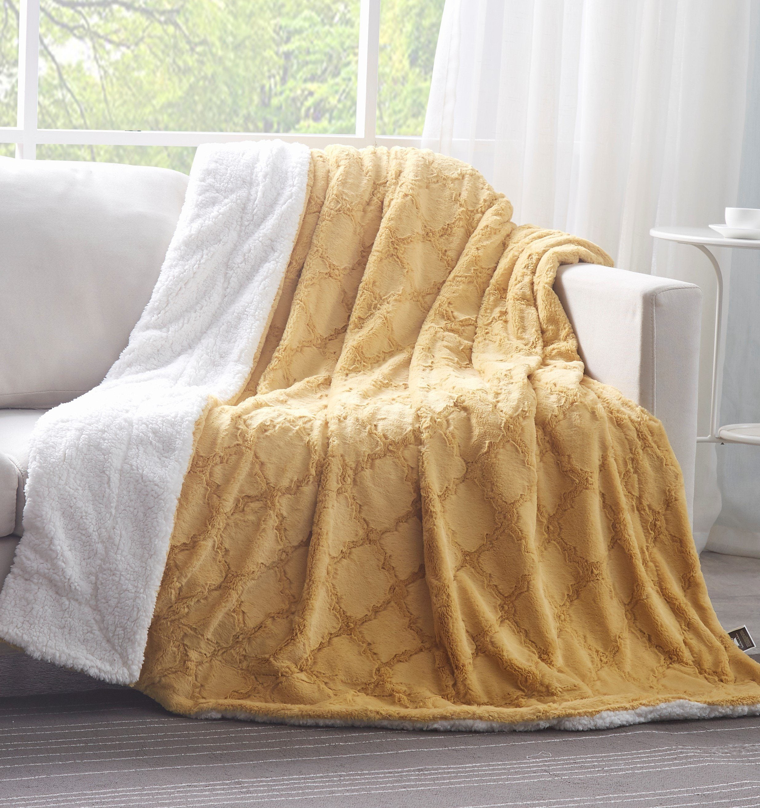 Tache Faux Fur Mustard Yellow Moroccan Lattice Pattern Throw Blanket (3397) - Tache Home Fashion