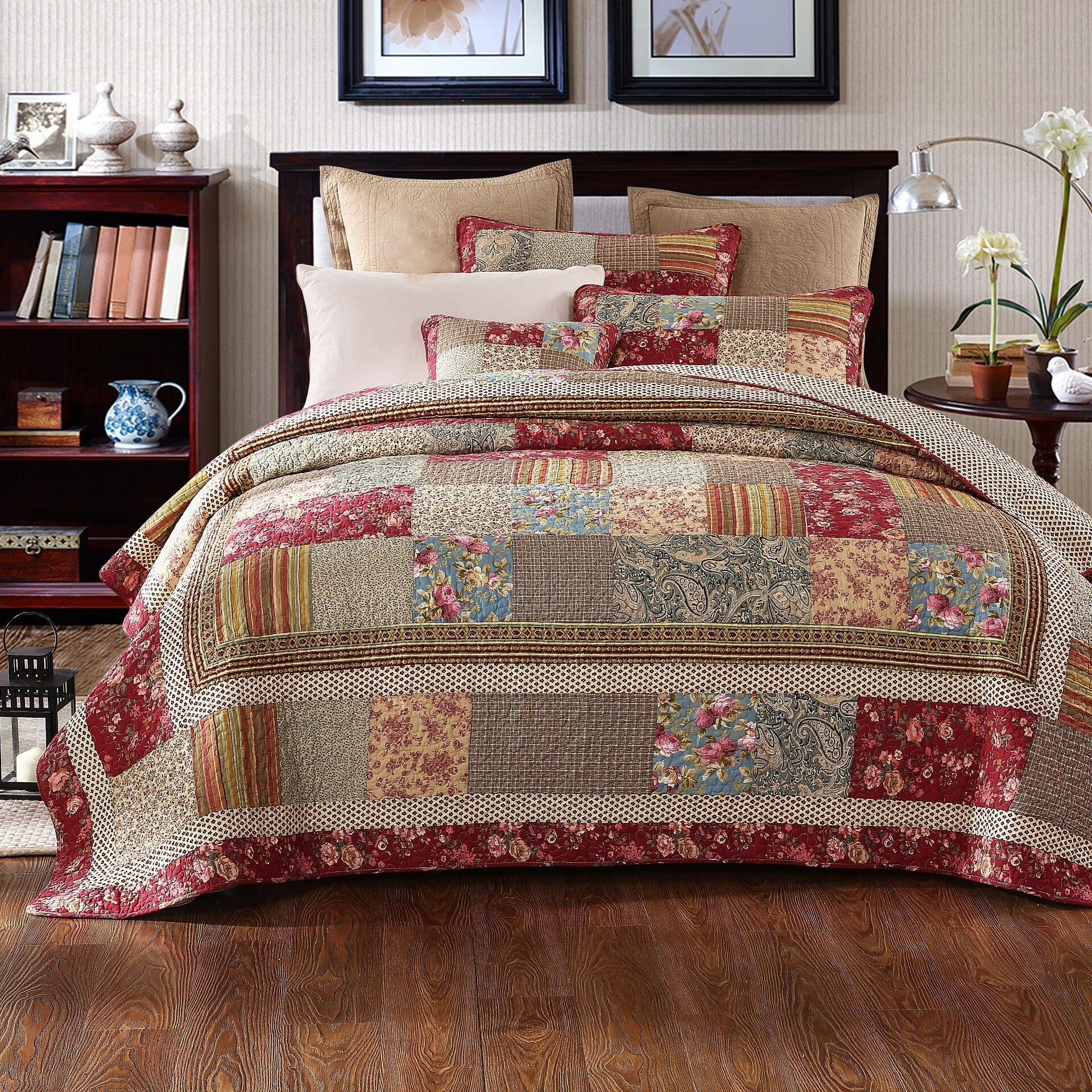 Tache Fairy Tale Tea Party Beige Burgundy Paisley Floral Cotton Patchwork Quilt Set (DXJ103443) - Tache Home Fashion