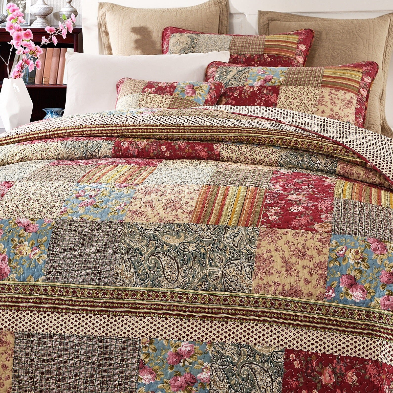 Tache Fairy Tale Tea Party Beige Burgundy Paisley Floral Cotton Patchwork Quilt Set (DXJ103443) - Tache Home Fashion