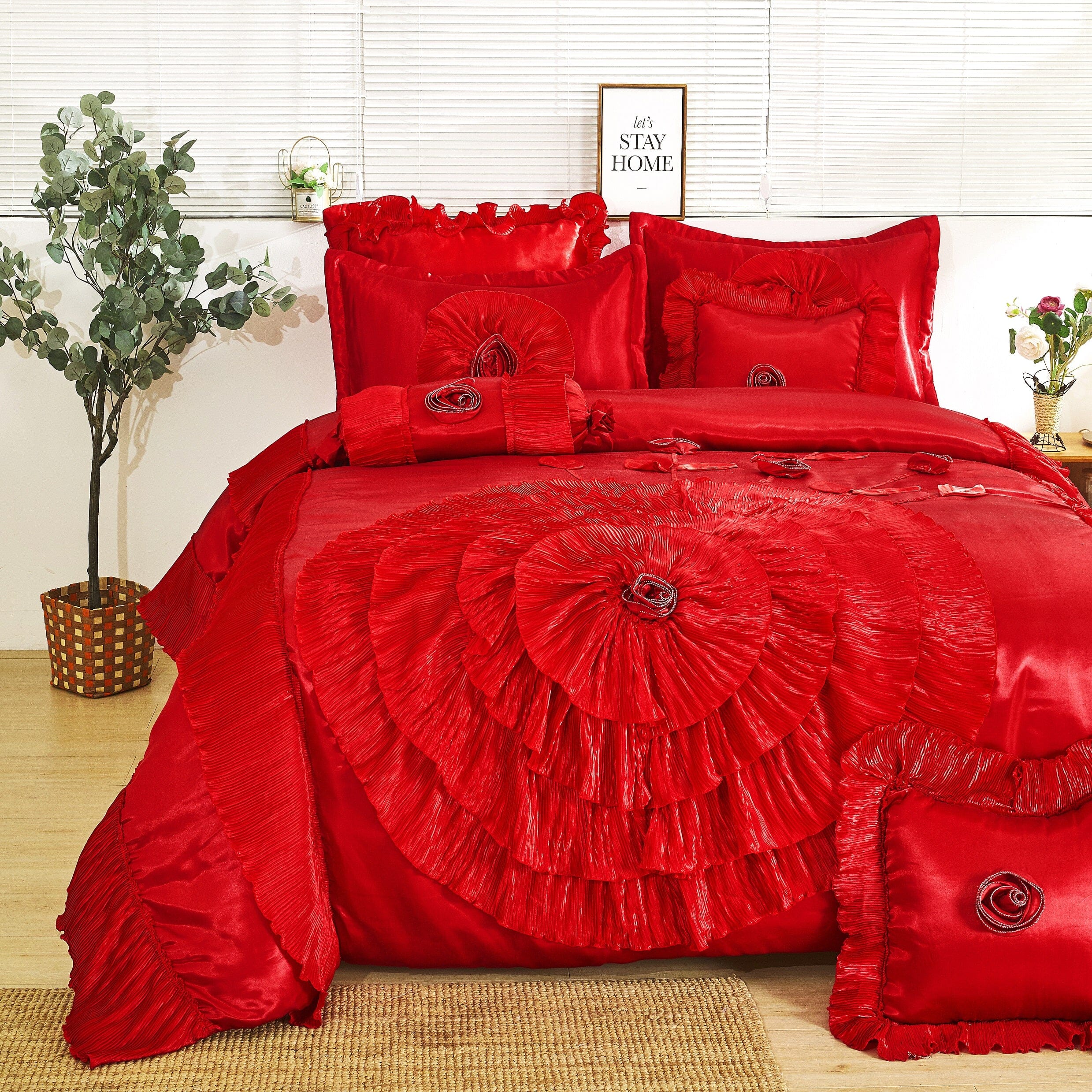 Tache Satin Ruffle Victorian Glam Romantic Red Rose Comforter Set (HY4174) - Tache Home Fashion