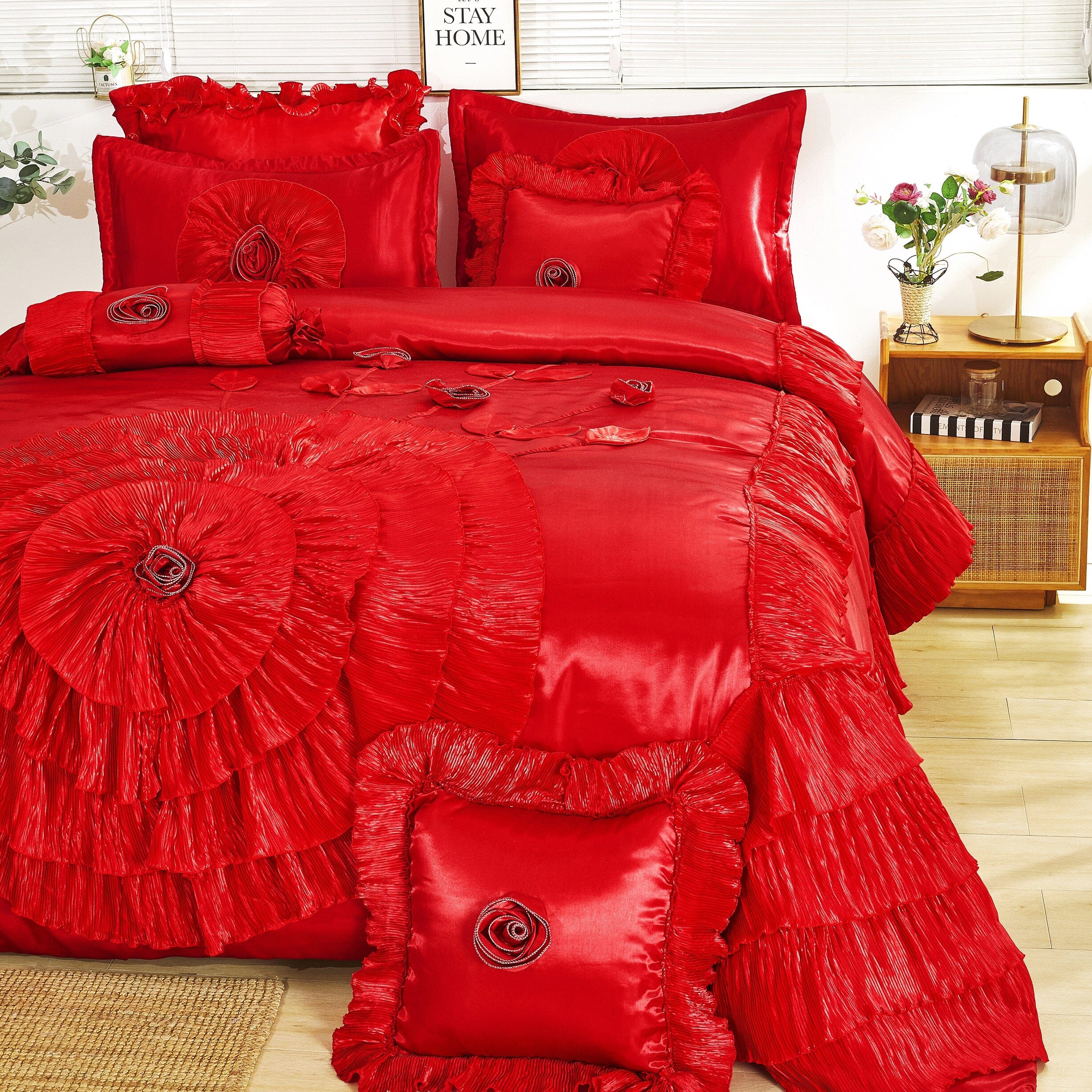 Tache Satin Ruffle Victorian Glam Romantic Red Rose Comforter Set (HY4174) - Tache Home Fashion