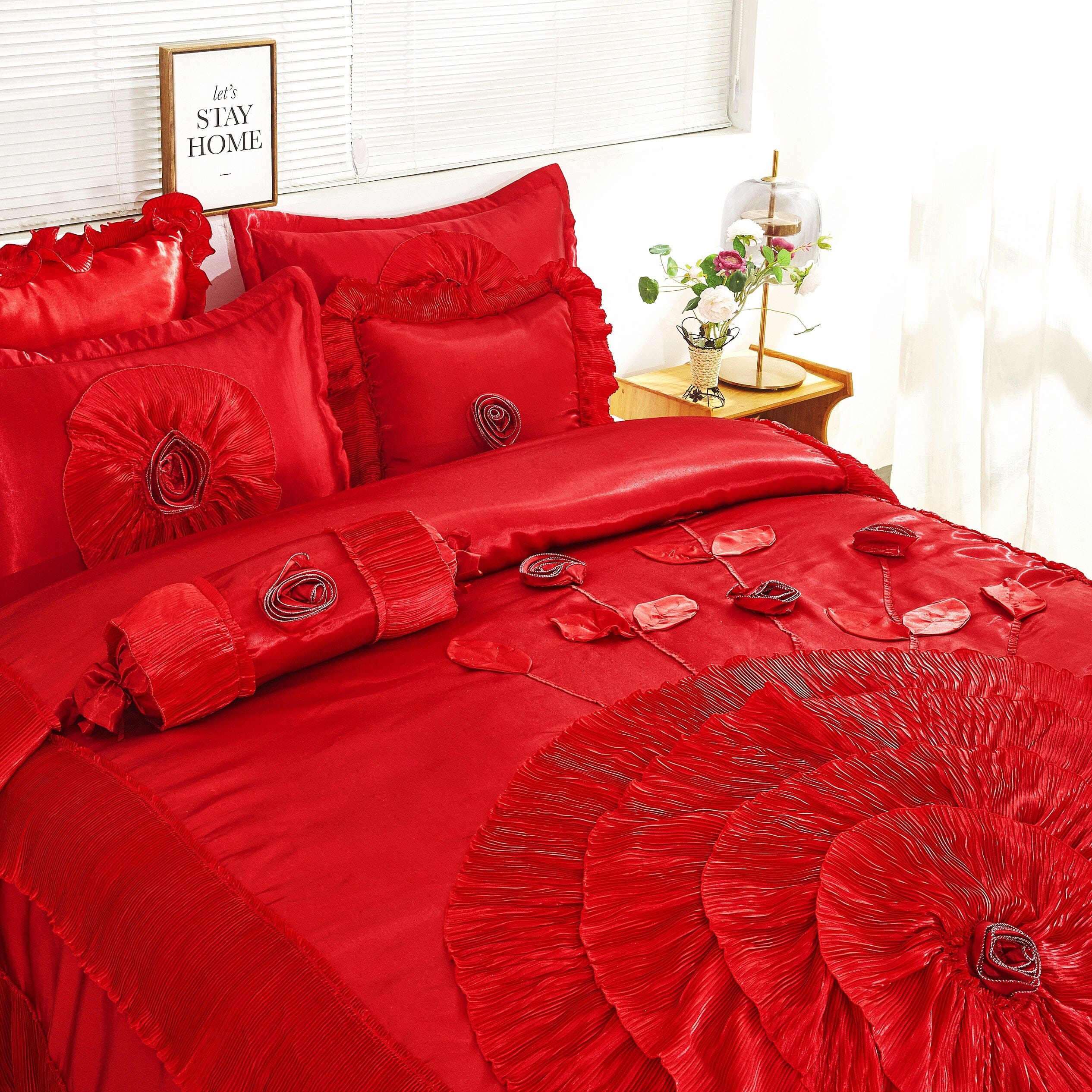 Tache Satin Ruffle Victorian Glam Romantic Red Rose Comforter Set (HY4174) - Tache Home Fashion