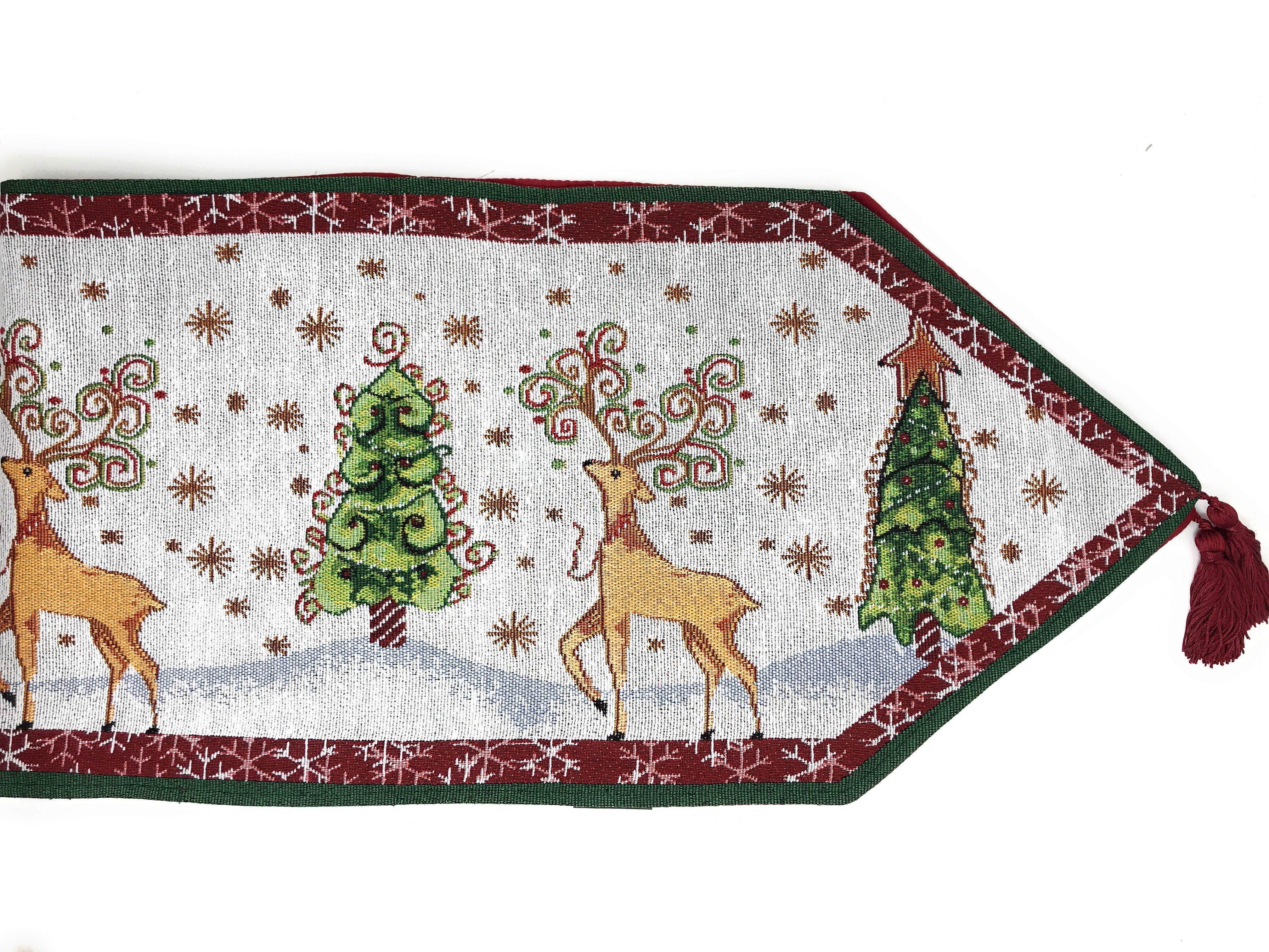Tache White Christmas Winter Forest Reindeer Vintage Holiday Woven Tapestry Table Runners (9192TR) - Tache Home Fashion