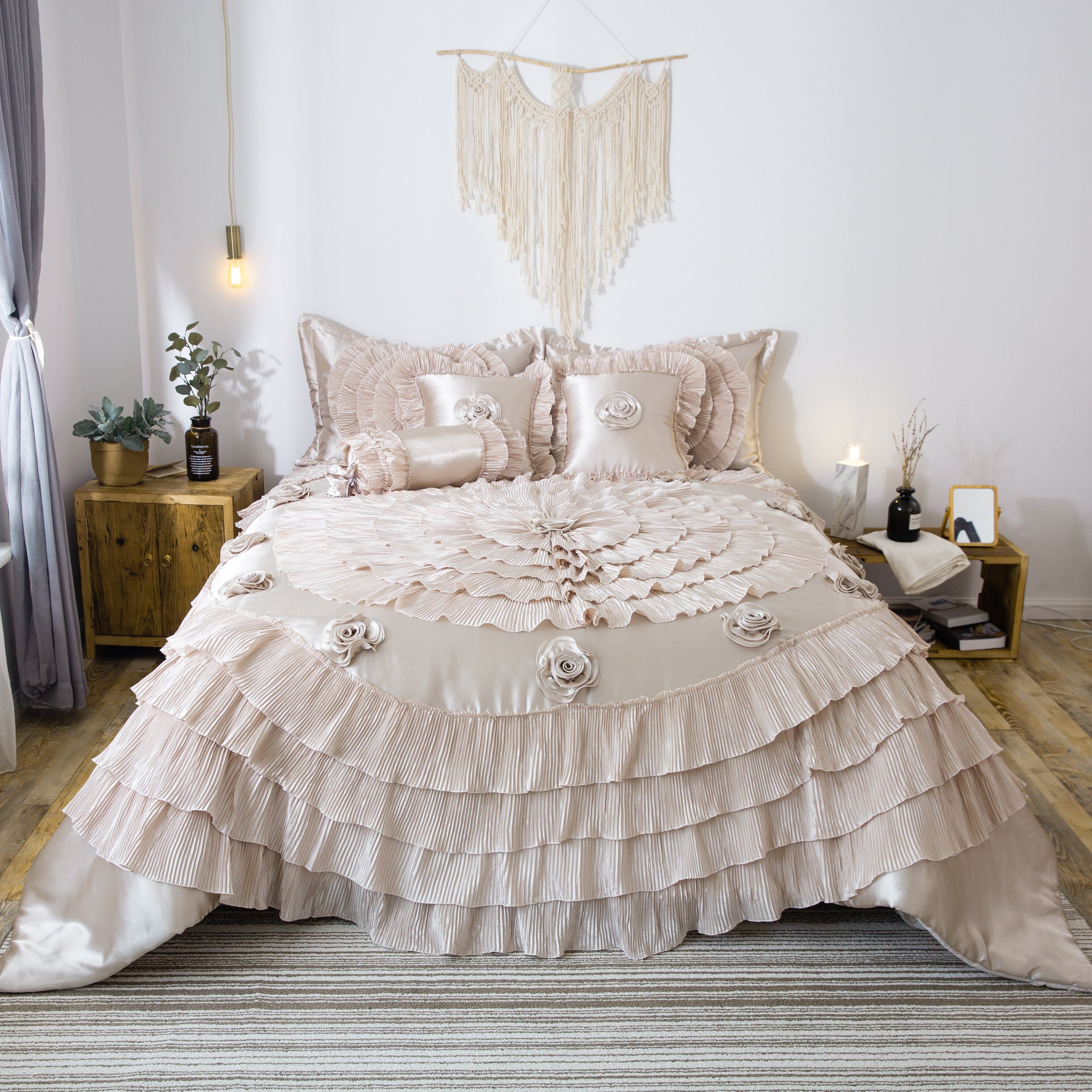 Tache Satin Ruffle Luxury Floral Champagne Beige Frosted Field Comforter Set (MZ1051) - Tache Home Fashion