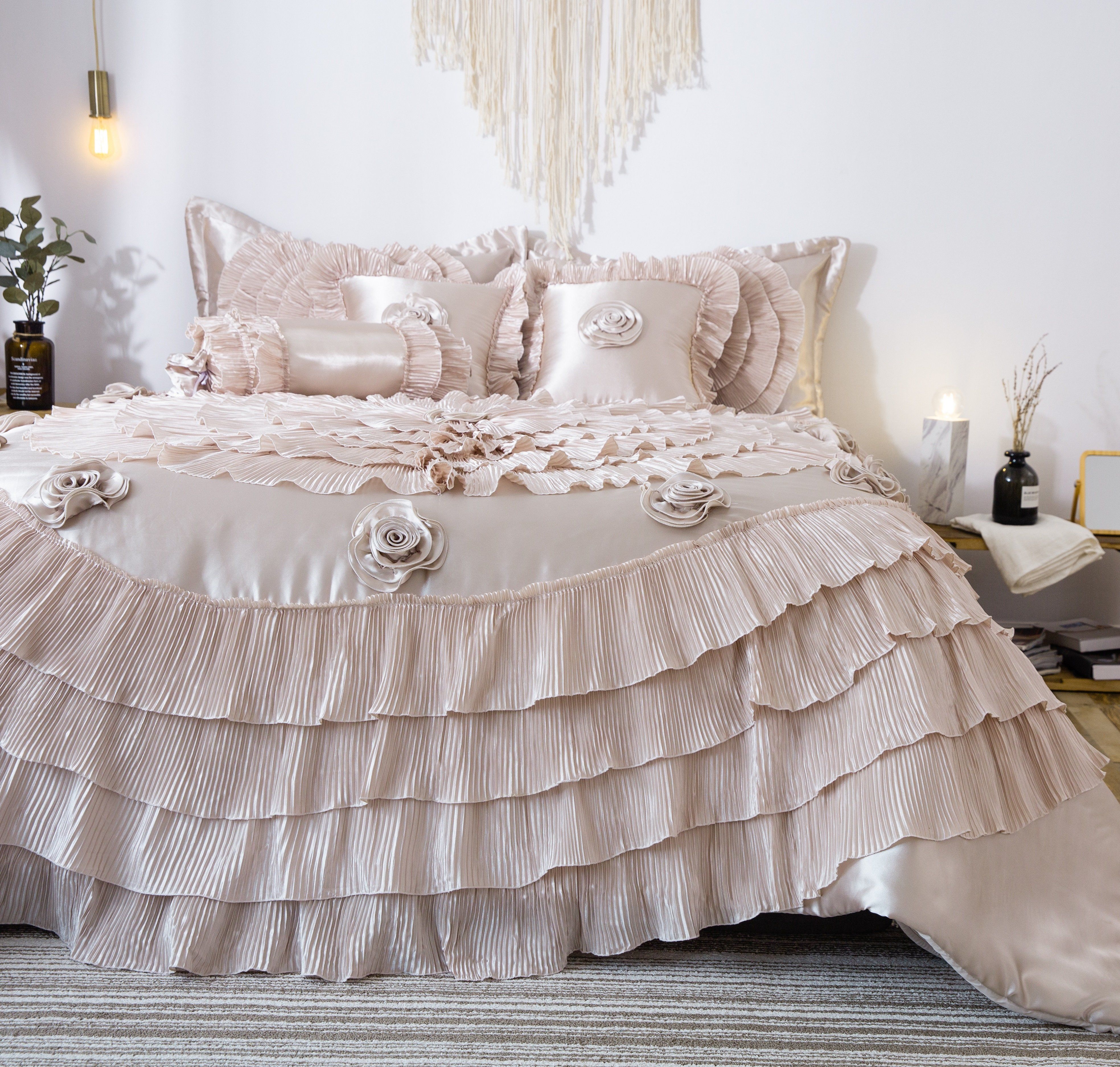 Tache Satin Ruffle Luxury Floral Champagne Beige Frosted Field Comforter Set (MZ1051) - Tache Home Fashion