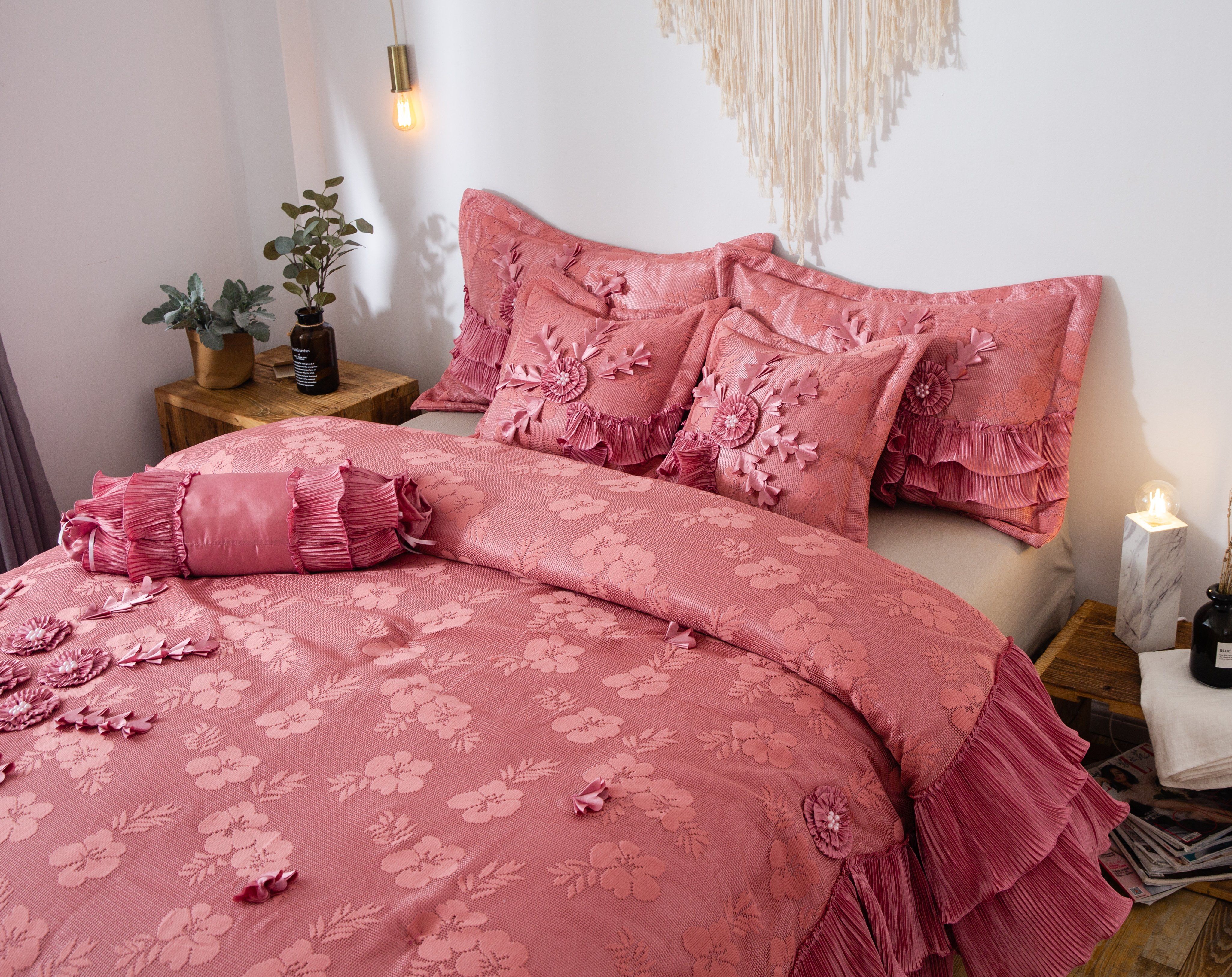 Tache Satin Ruffle Floral Lace Pink Royal Princess Dream Comforter Set (BM1227) - Tache Home Fashion