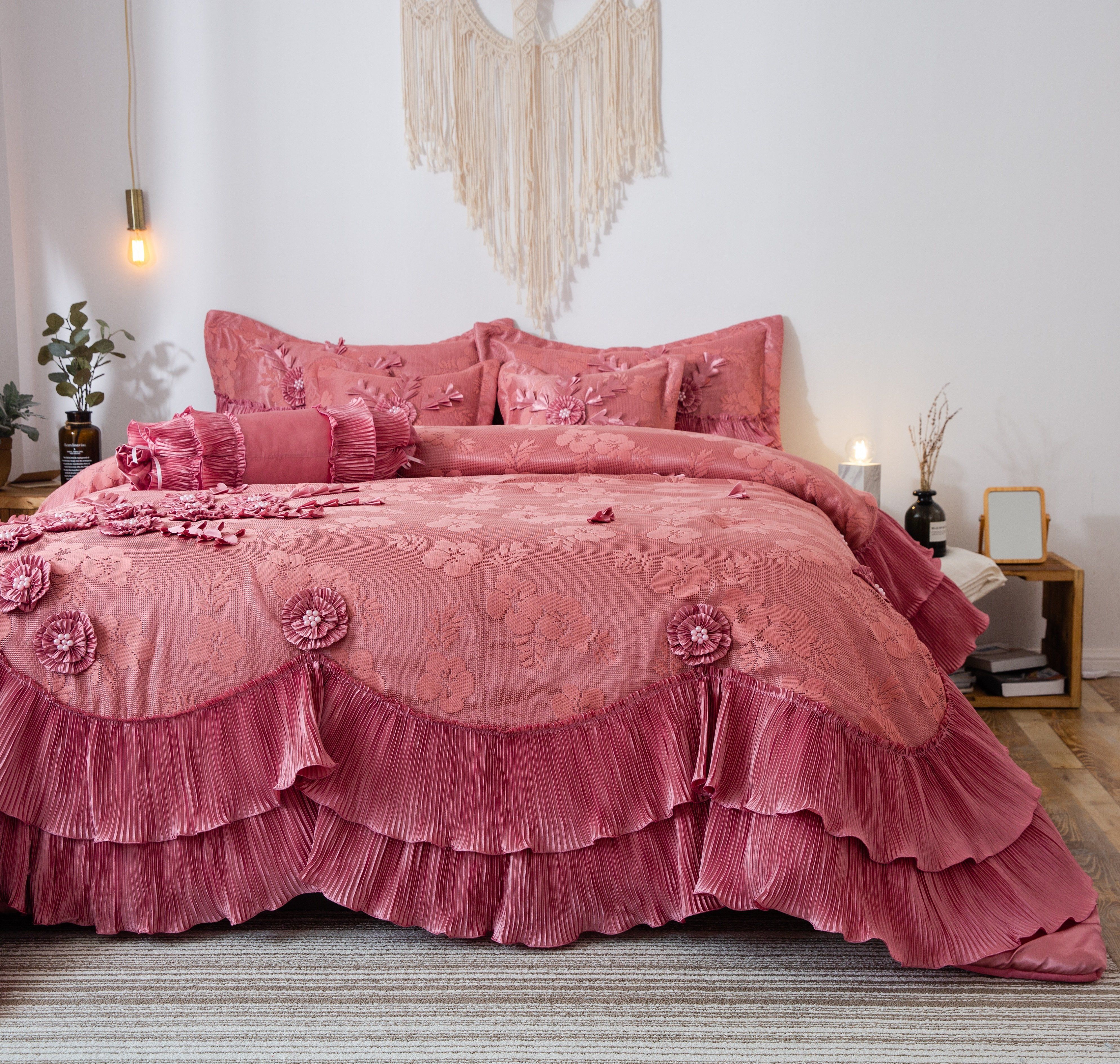 Tache Satin Ruffle Floral Lace Pink Royal Princess Dream Comforter Set (BM1227) - Tache Home Fashion